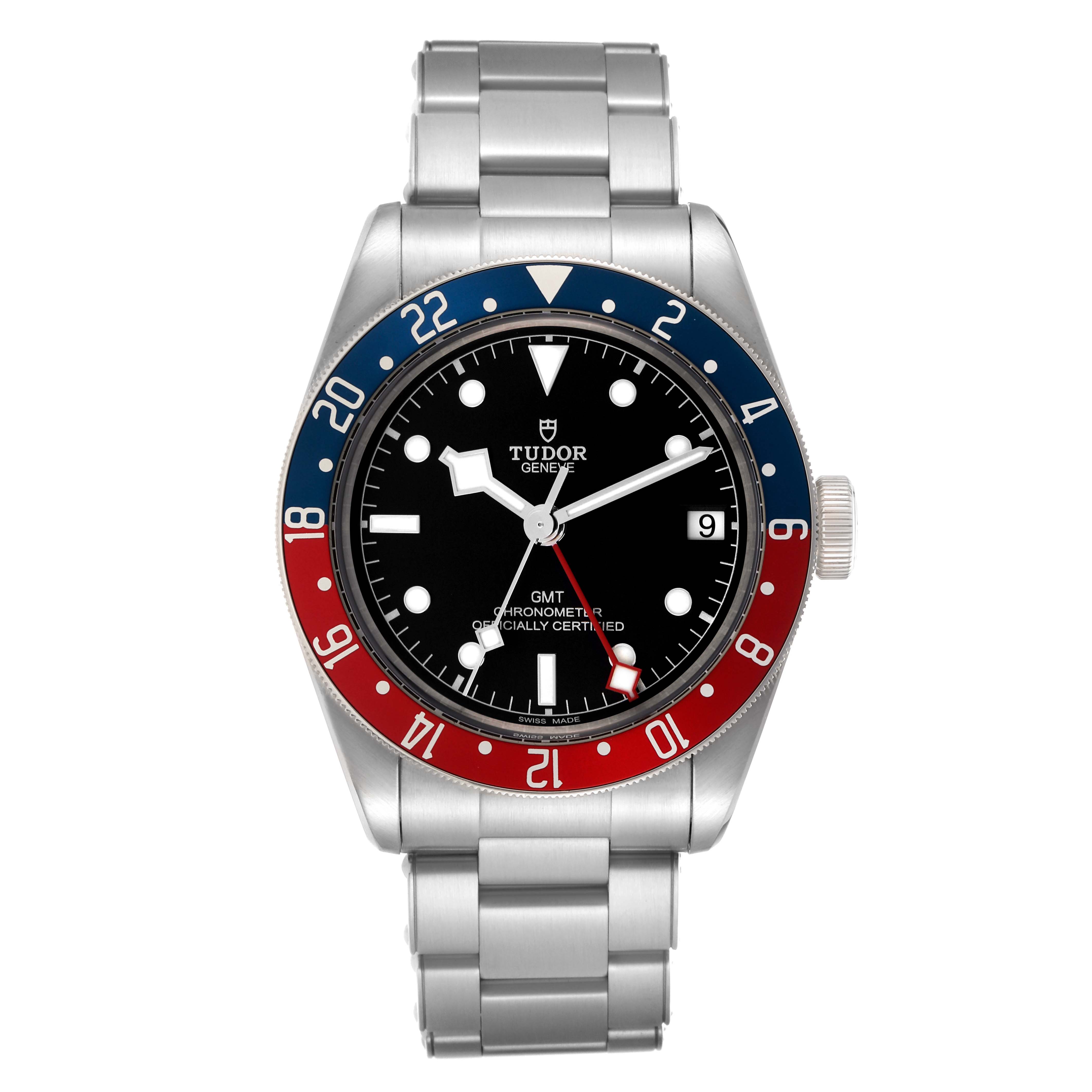 The Tudor Heritage Black Bay 79830RB Men
s Stainless Steel Black Dial 79830RB Men
s Stainless Steel Black Dial watch is shown from a front angle, displaying the dial, bezel, and bracelet.