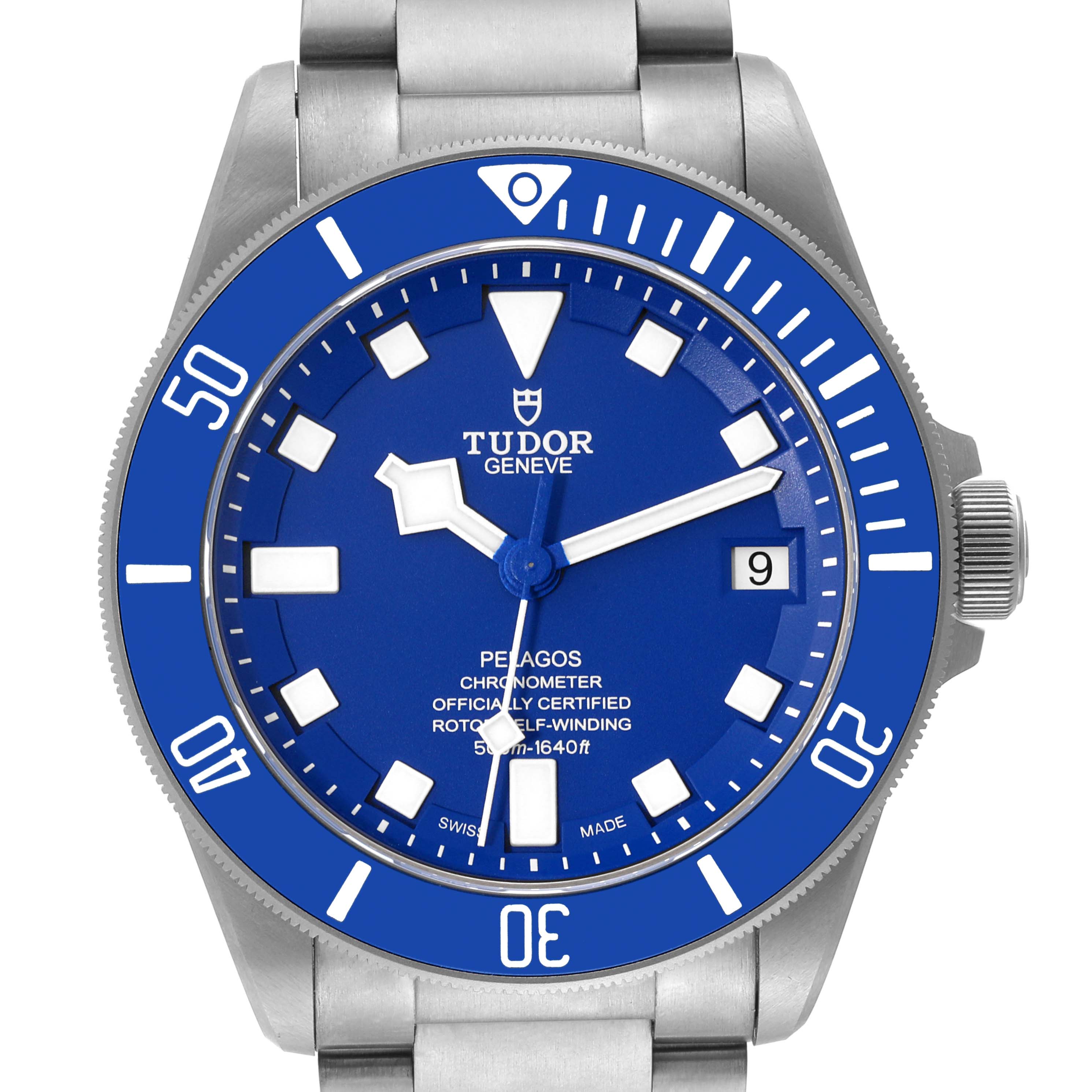 This image shows a frontal view of the Tudor Pelagos 2CWXXXX Men's Titanium Blue Dial 2CWXXXX Men's Titanium Blue Dial watch, highlighting its blue dial, bezel, and stainless steel bracelet.