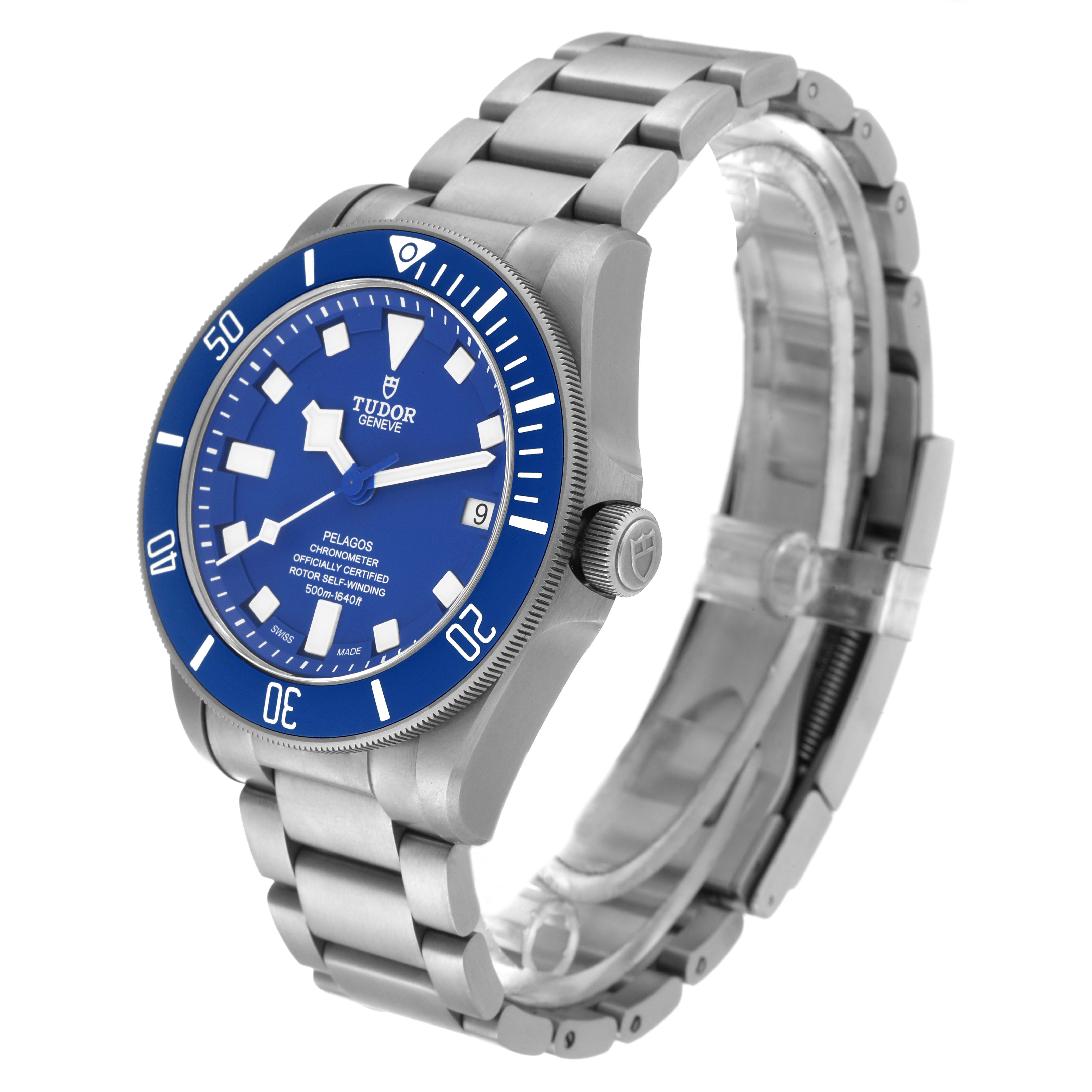 The image shows a Tudor Pelagos 2CWXXXX Men's Titanium Blue Dial 2CWXXXX Men's Titanium Blue Dial watch at a three-quarter angle, highlighting the face, bezel, crown, and bracelet.