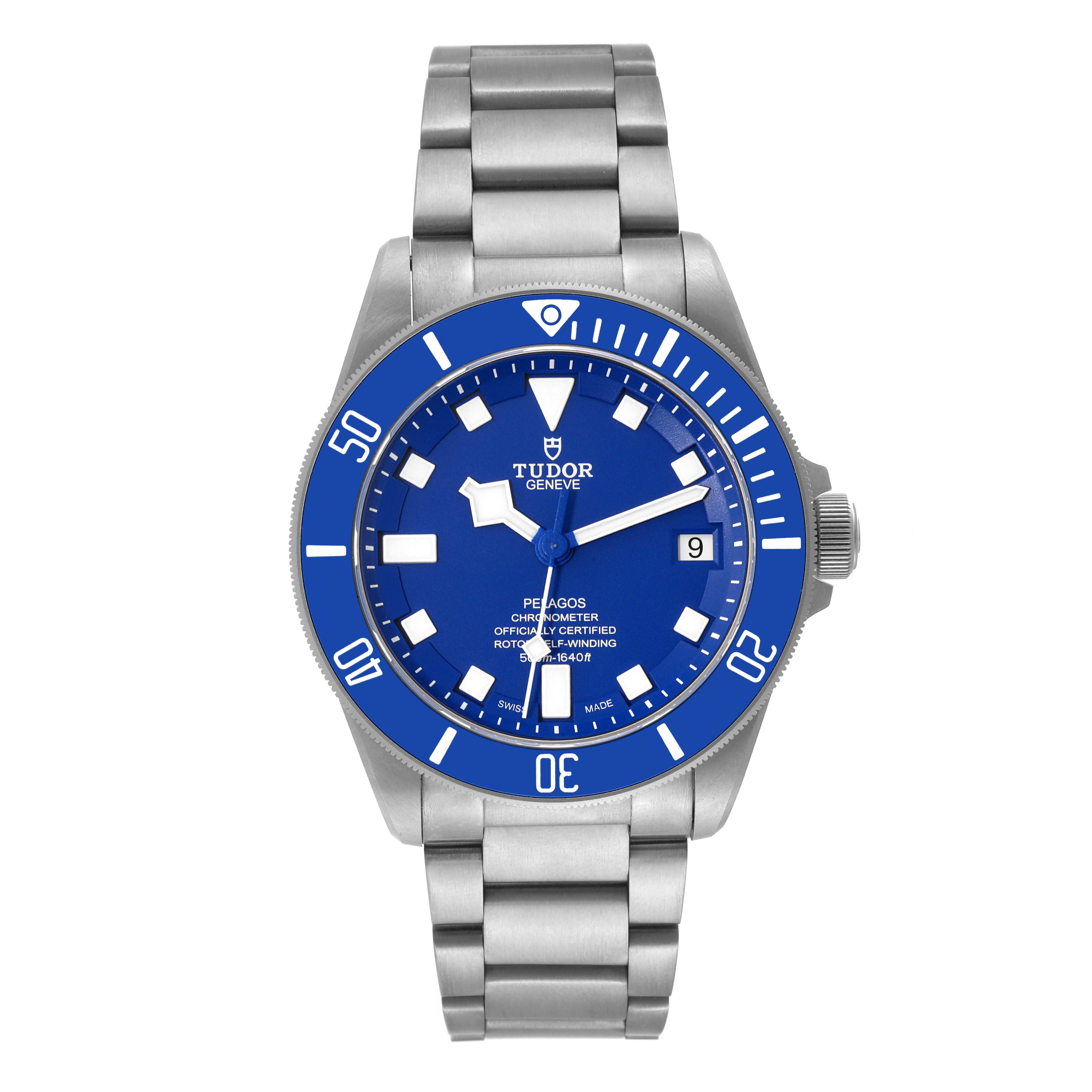 The image shows a frontal view of the Tudor Pelagos 2CWXXXX Men's Titanium Blue Dial 2CWXXXX Men's Titanium Blue Dial watch, displaying its blue dial, bezel, and metal bracelet.