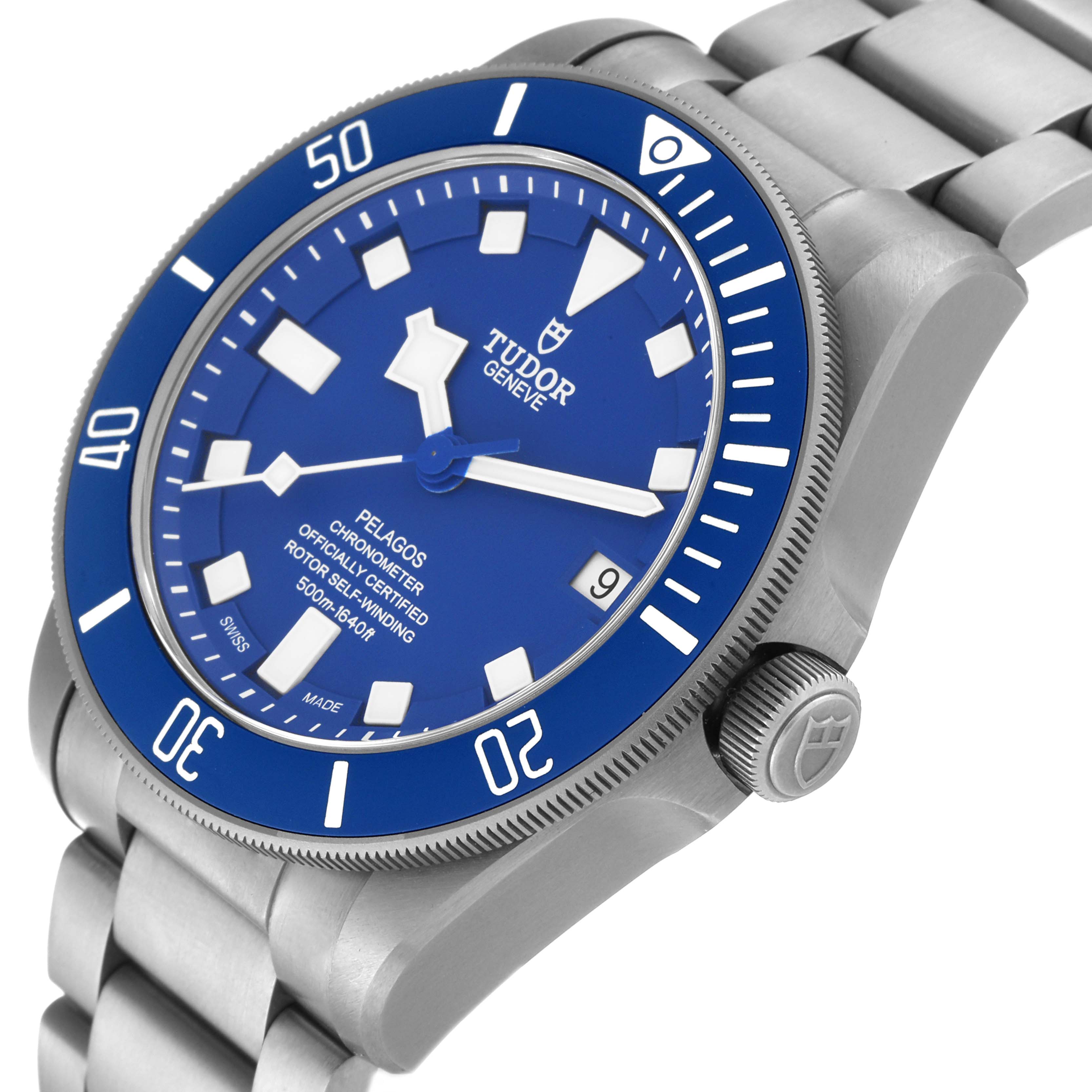 This image shows a side view of the Tudor Pelagos 2CWXXXX Men's Titanium Blue Dial 2CWXXXX Men's Titanium Blue Dial watch, highlighting the face, bezel, and part of the bracelet.