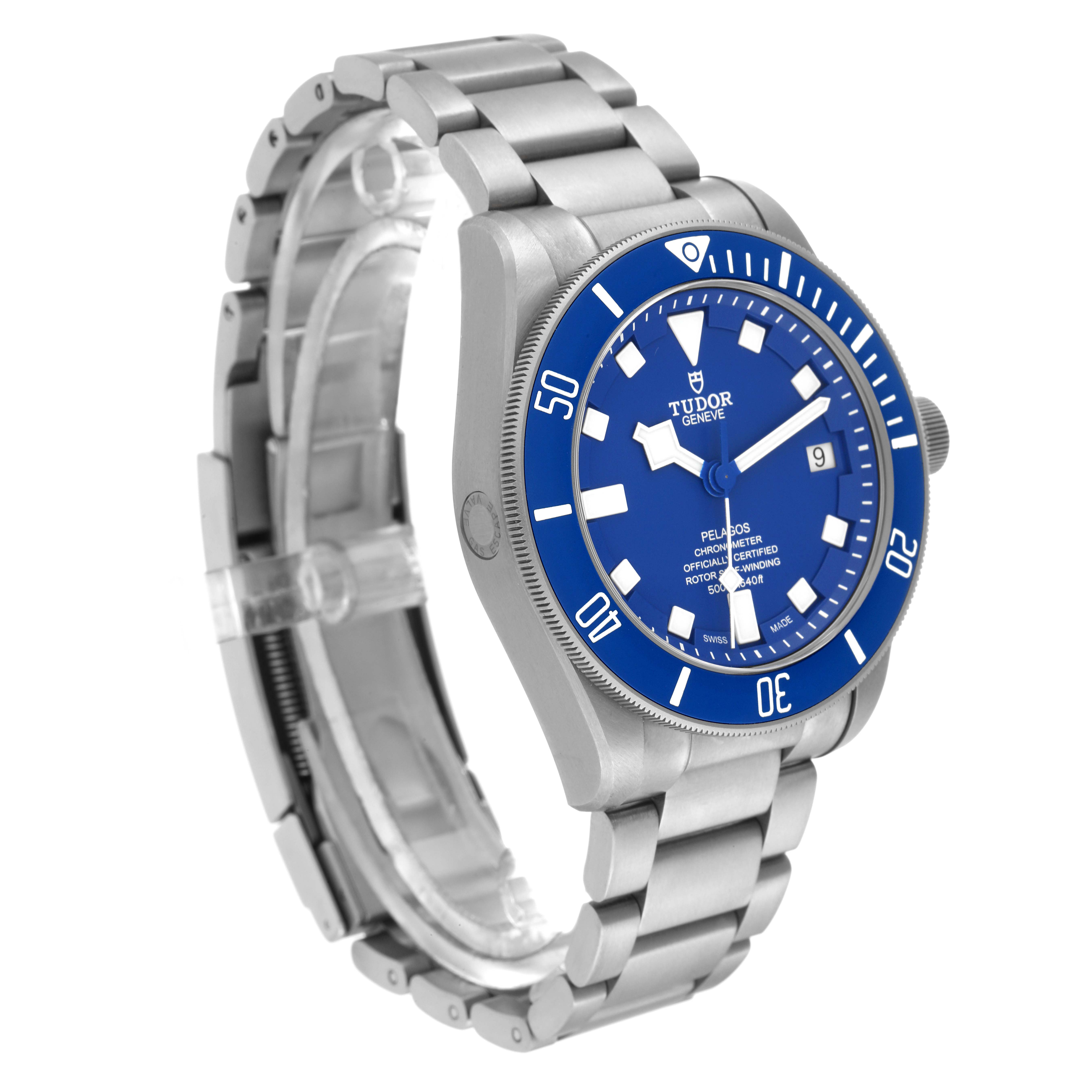 A Tudor Pelagos 2CWXXXX Men's Titanium Blue Dial 2CWXXXX Men's Titanium Blue Dial watch is shown from a three-quarter angle, displaying the face, bezel, and bracelet.