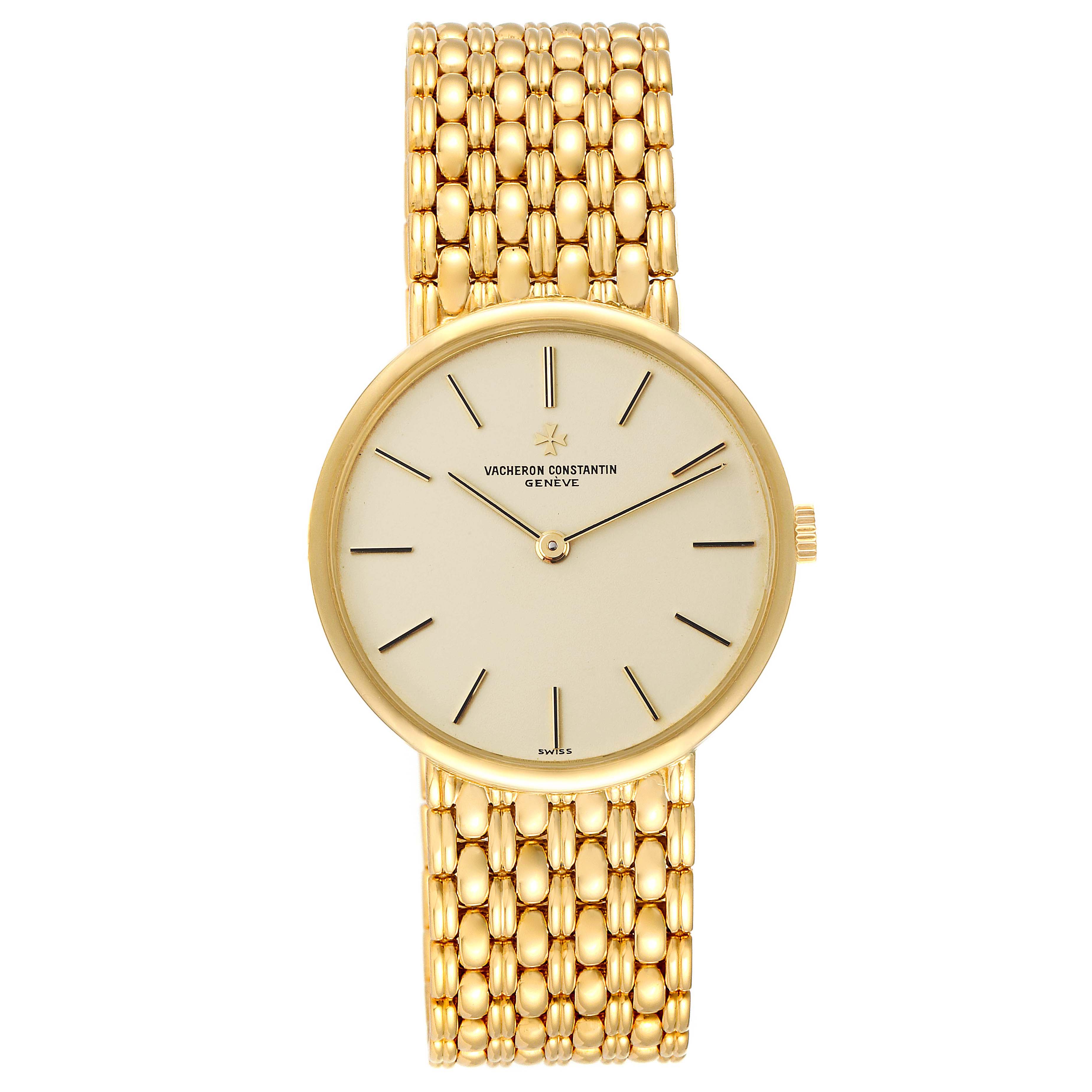 The image shows a front view of the Vintage model by Vacheron Constantin, featuring its gold case and bracelet.