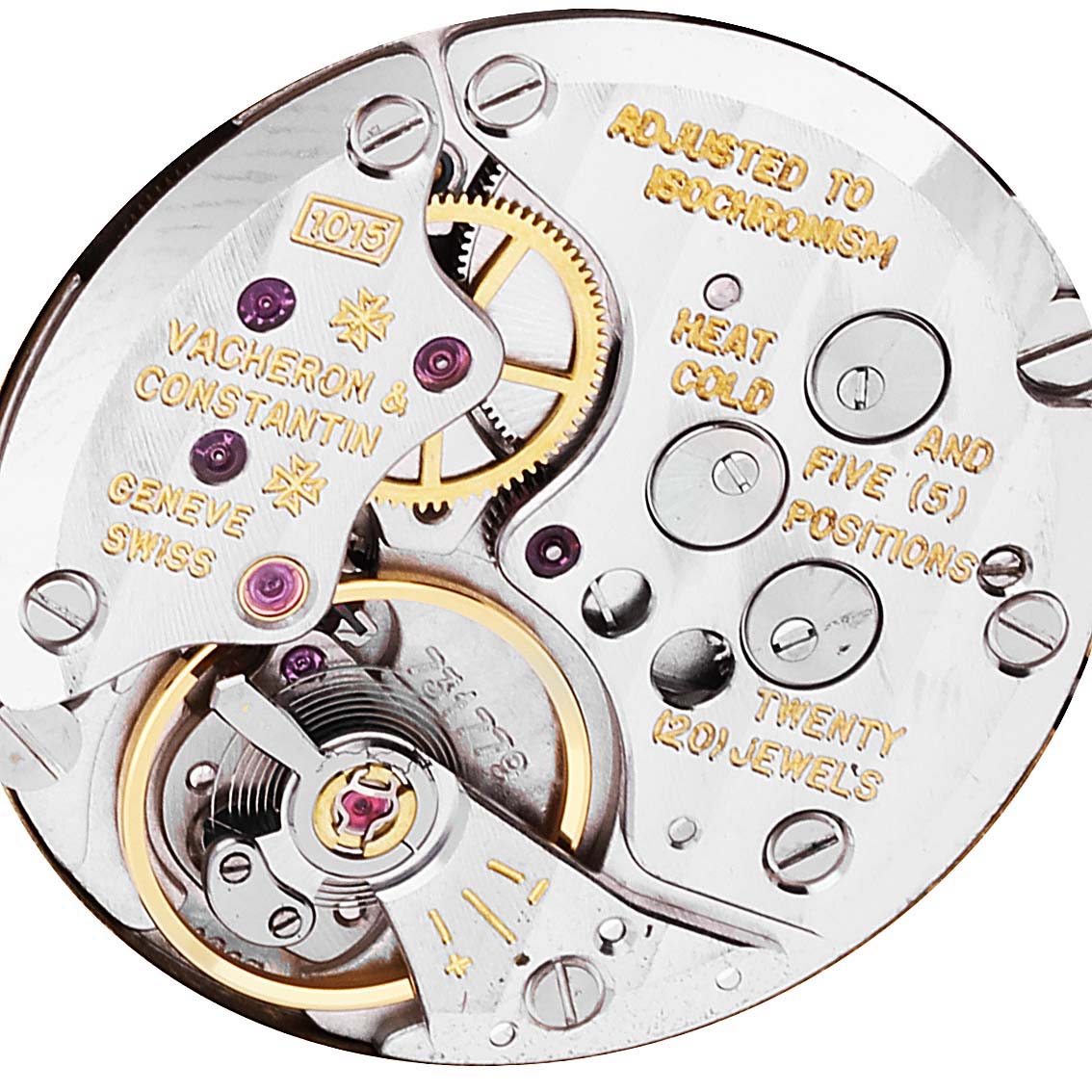 This image shows the intricate internal mechanism of a Vintage Vacheron Constantin watch, focusing on its gears and engraved details.