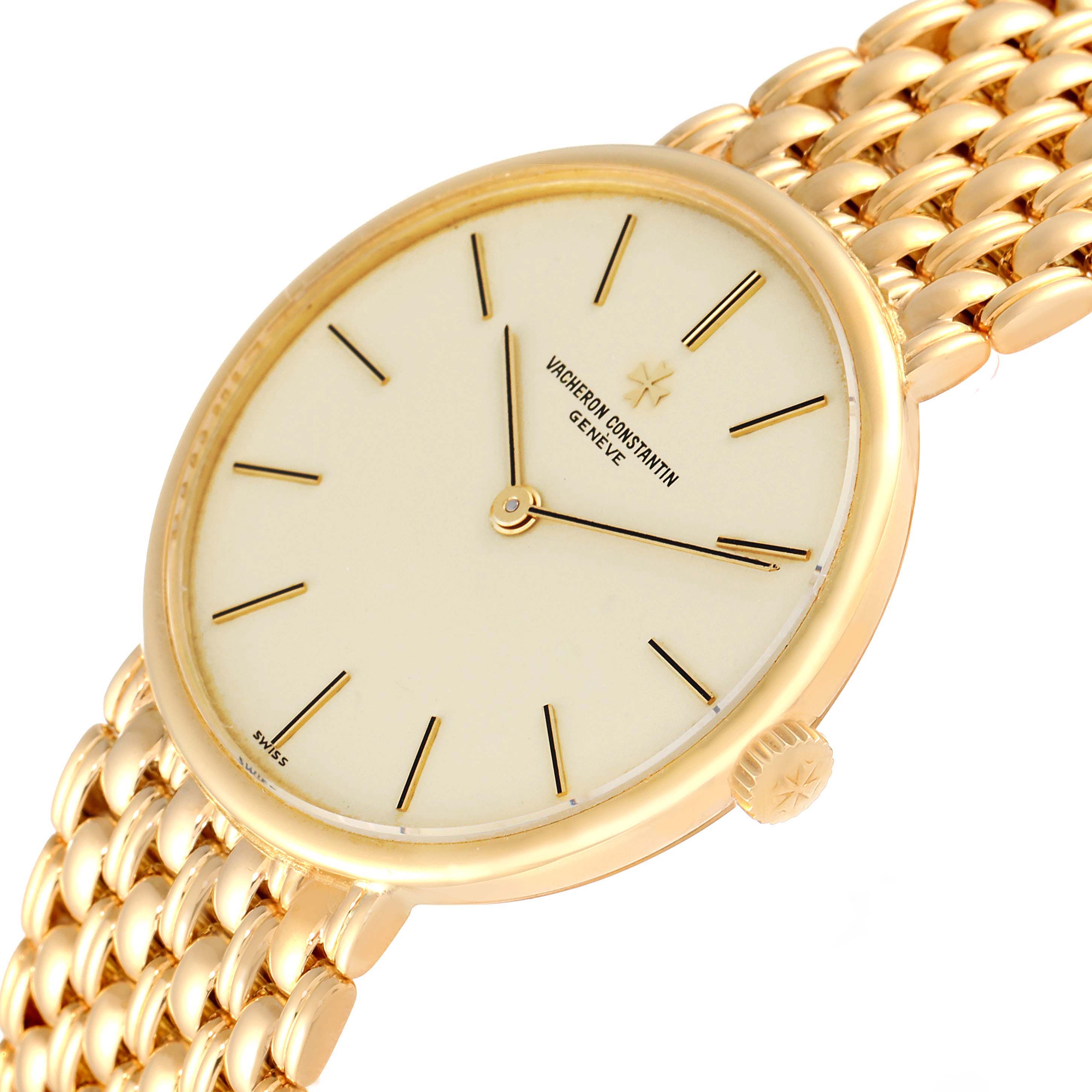 This is a close-up angle of a Vintage Vacheron Constantin watch, showing the face and part of the gold bracelet.