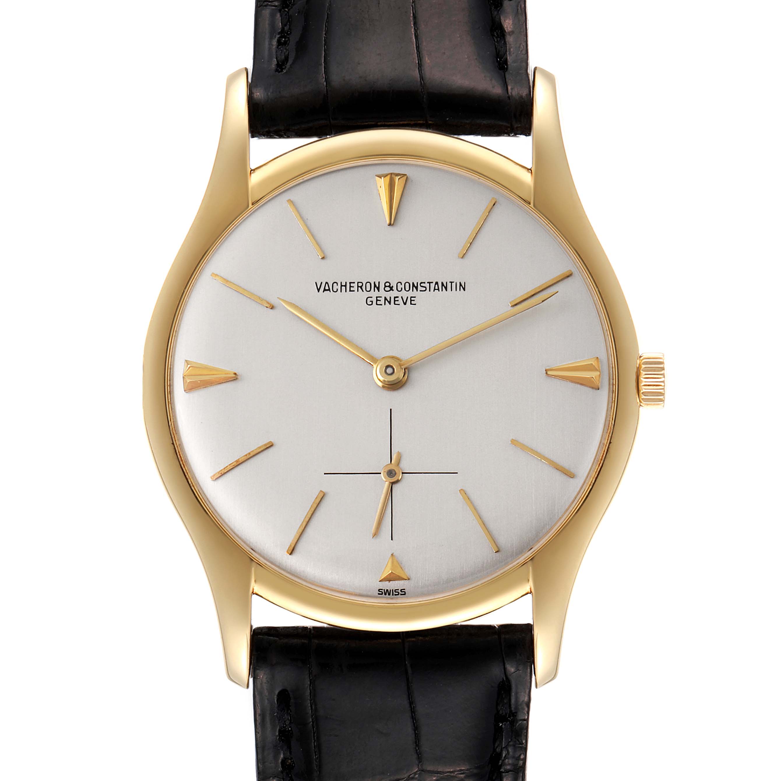 The image shows a Vacheron Constantin Vintage 6185 Men's Yellow Gold Silver Dial 6185 Men's Yellow Gold Silver Dial watch, front view, highlighting its face, dial, hands, and crown with a leather strap.