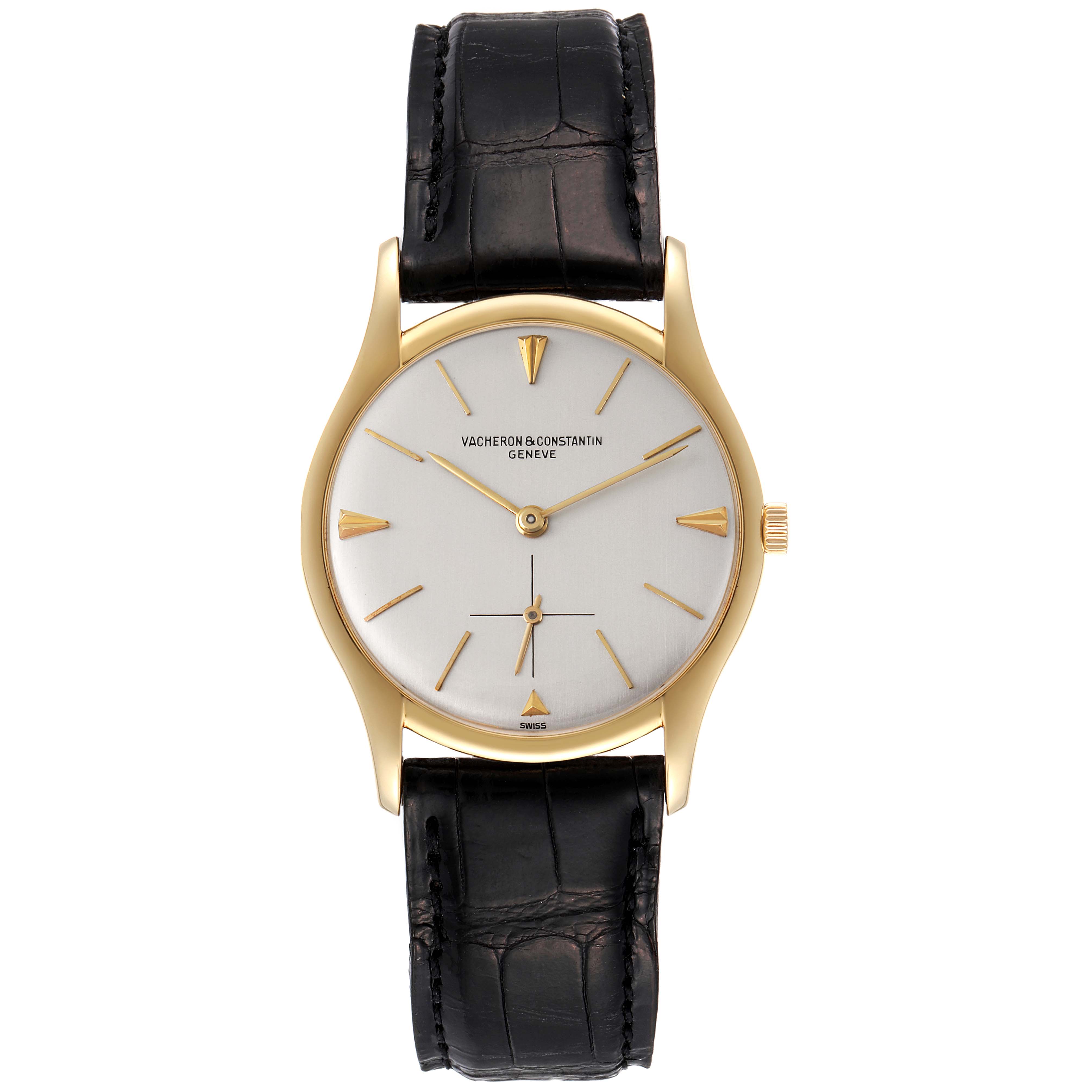 The image shows a Vintage Vacheron Constantin watch, frontal view, highlighting its gold case, white dial, and black leather strap.