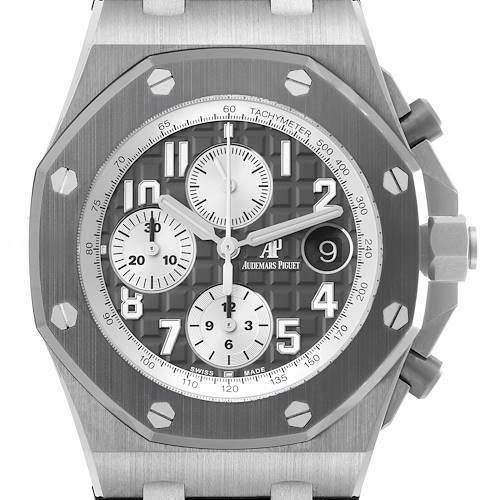 The image shows a front view of an Audemars Piguet Royal Oak Offshore, highlighting the dial, subdials, and bezel.