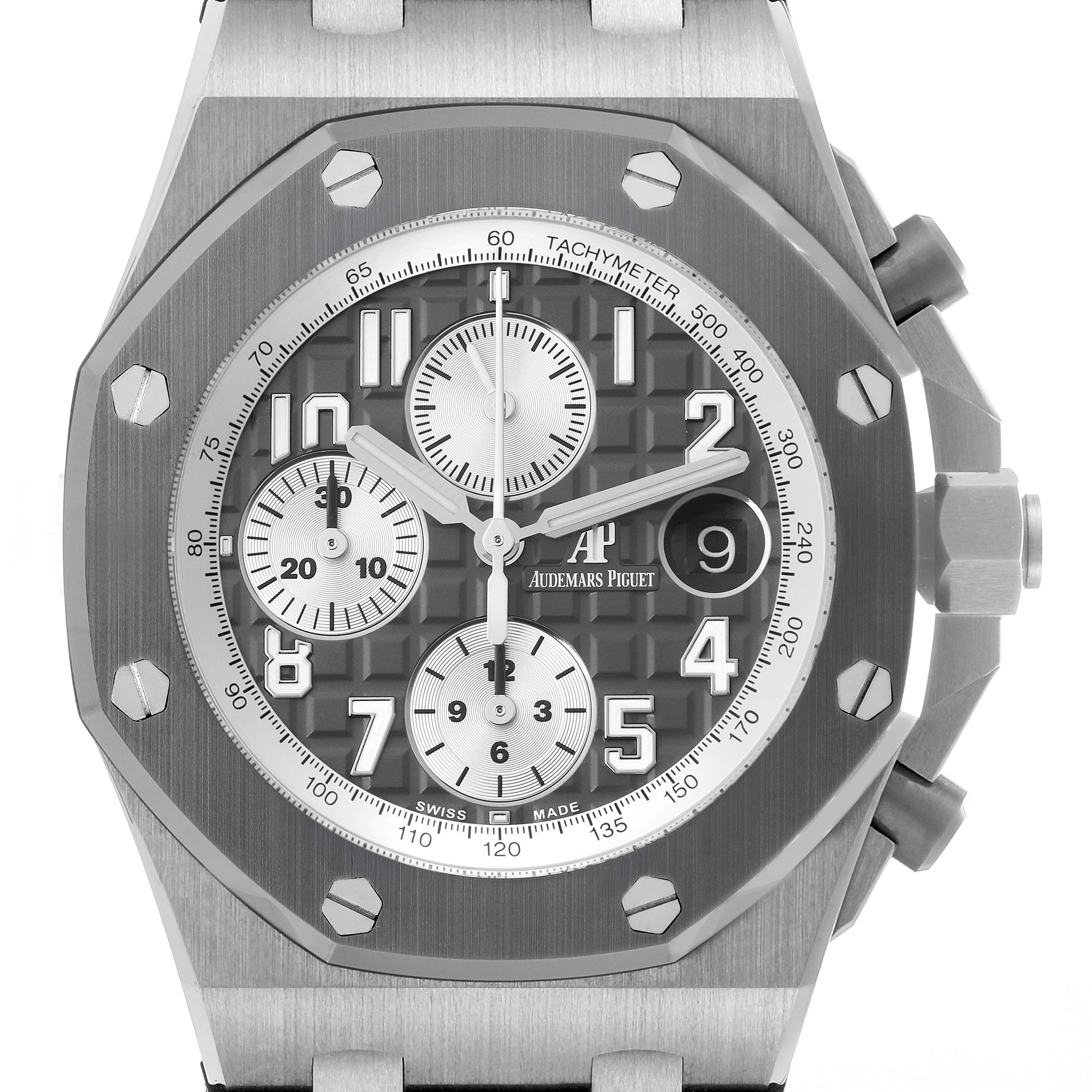 The Audemars Piguet Royal Oak Offshore 26470IO.OO.A006CA.01 Men
s Titanium Grey Dial 26470IO.OO.A006CA.01 Men
s Titanium Grey Dial watch is shown from a front angle, displaying its face, bezel, subdials, and crown.