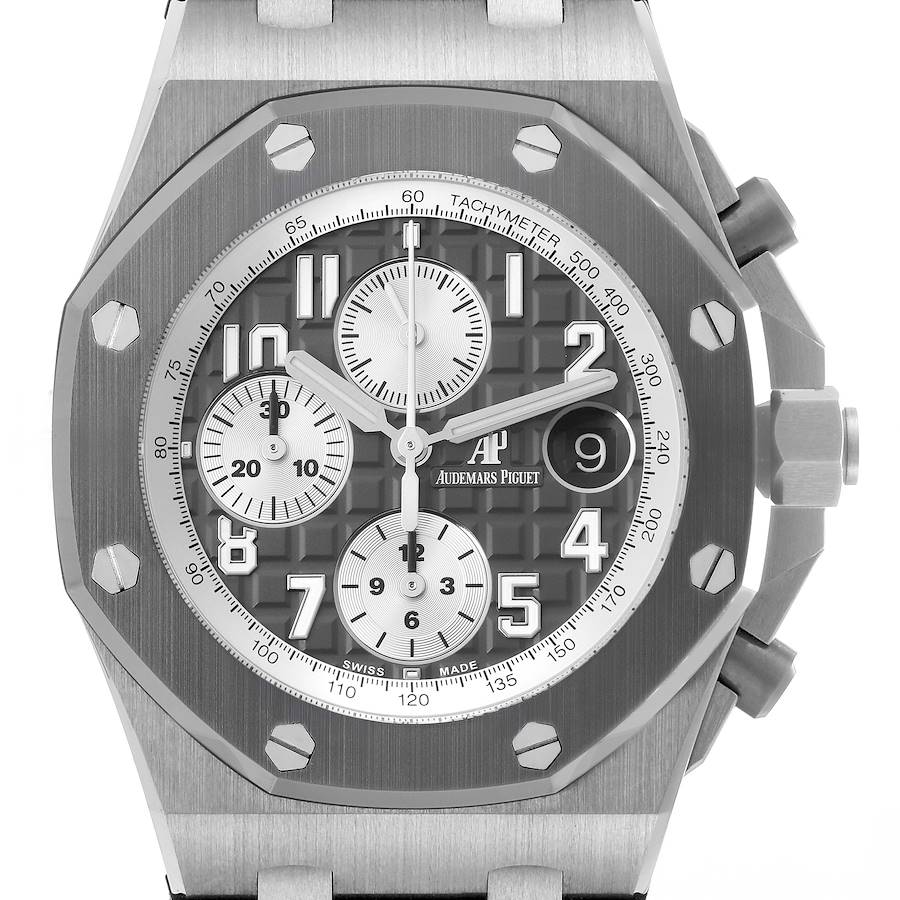 The Audemars Piguet Royal Oak Offshore watch is shown from a front angle, displaying its face, bezel, subdials, and crown.