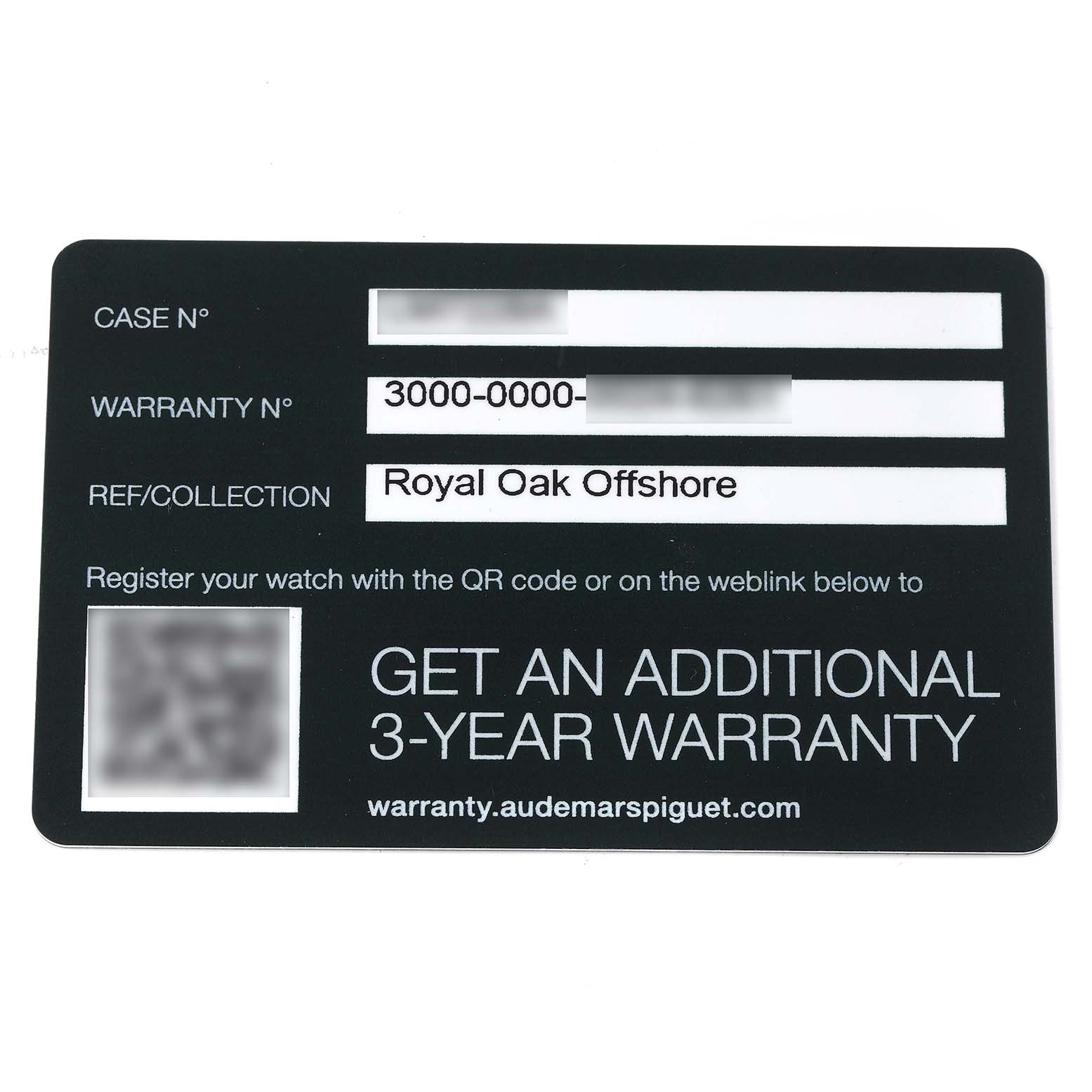 The image features a warranty card for the Audemars Piguet Royal Oak Offshore 26470IO.OO.A006CA.01 Men
s Titanium Grey Dial 26470IO.OO.A006CA.01 Men
s Titanium Grey Dial model, displaying case number, warranty details, and a registration link.