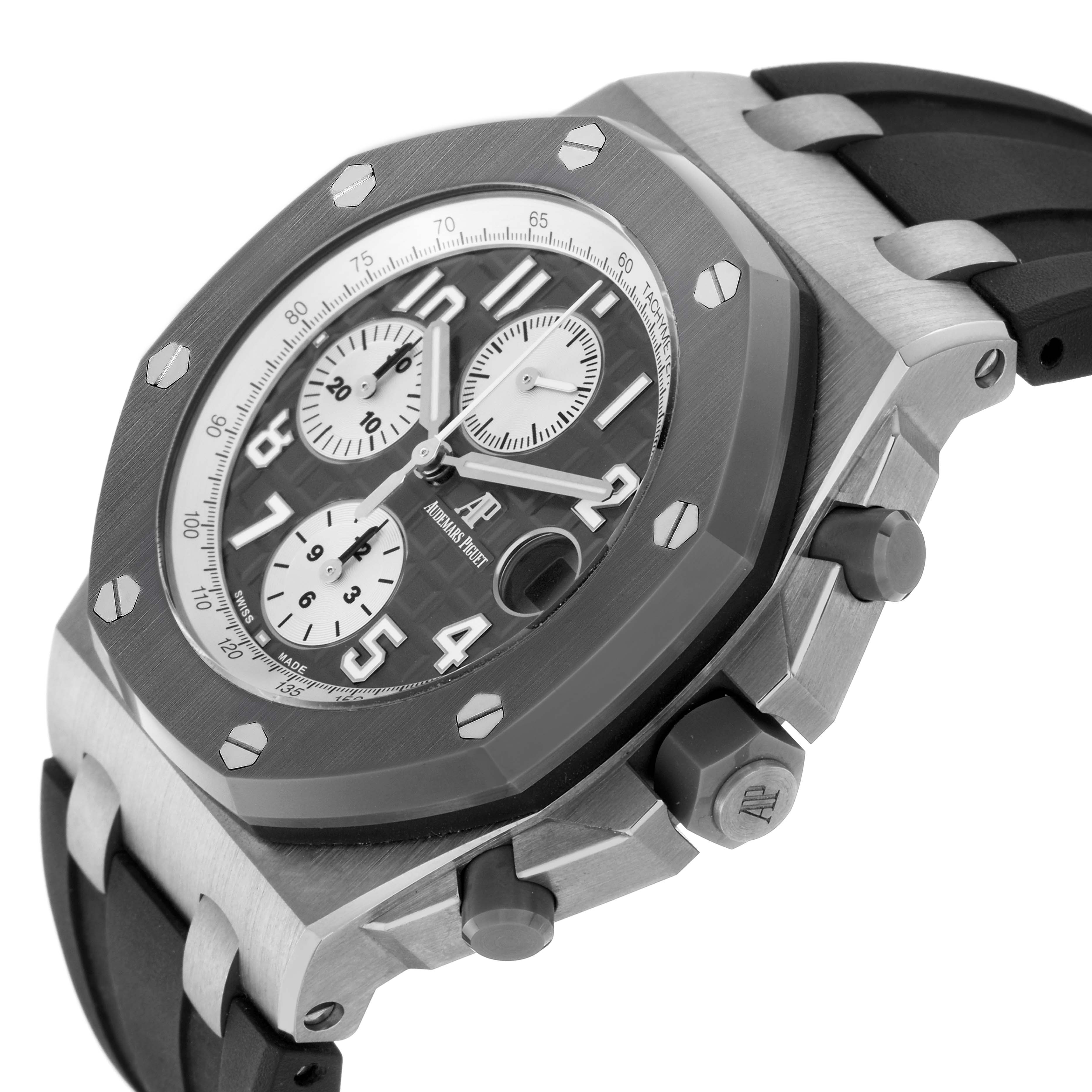 The image shows a side angle of the Audemars Piguet Royal Oak Offshore 26470IO.OO.A006CA.01 Men
s Titanium Grey Dial 26470IO.OO.A006CA.01 Men
s Titanium Grey Dial, highlighting the bezel, dial, and chronograph pushers.