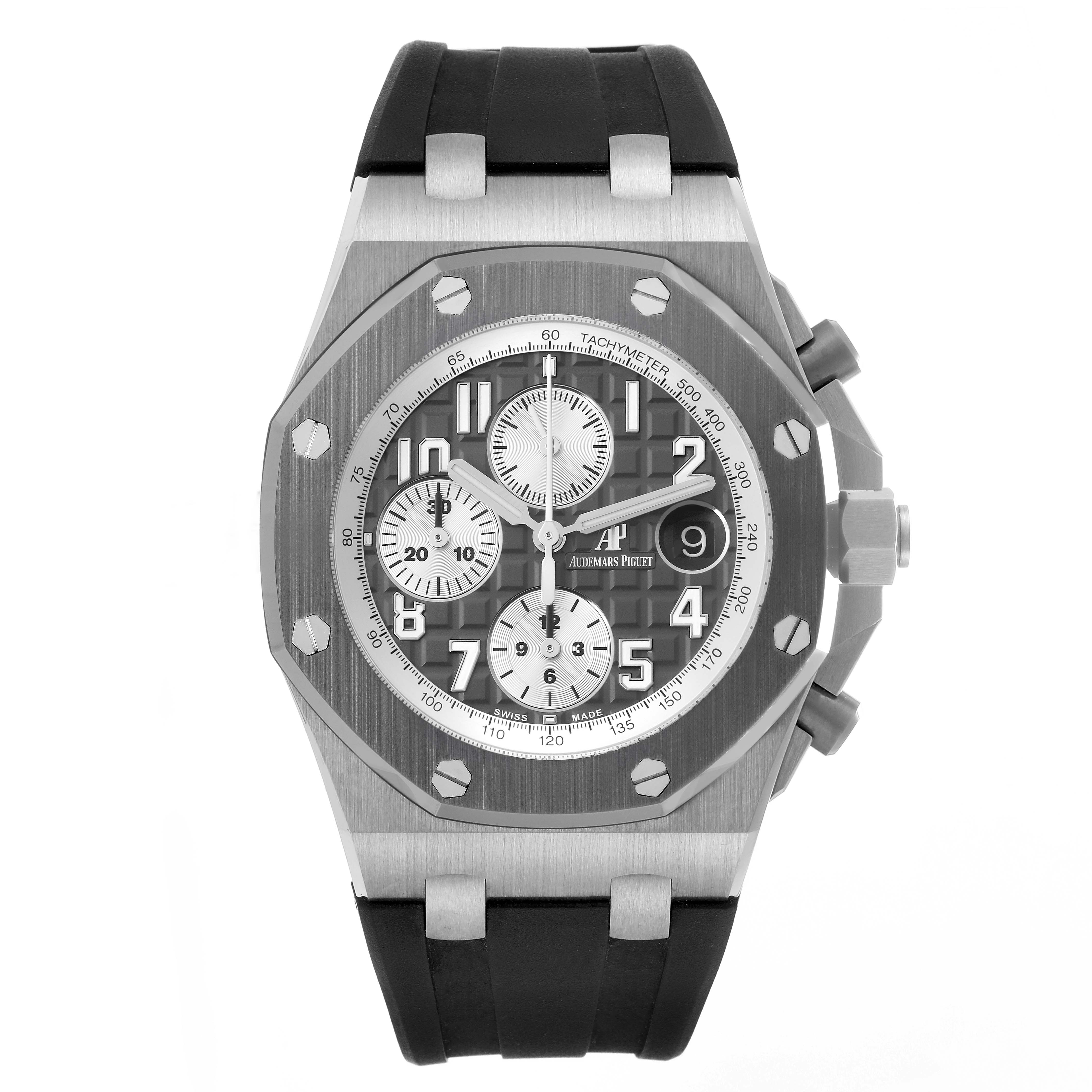 The Royal Oak Offshore by Audemars Piguet is shown from a front angle, displaying the dial, bezel, and strap.