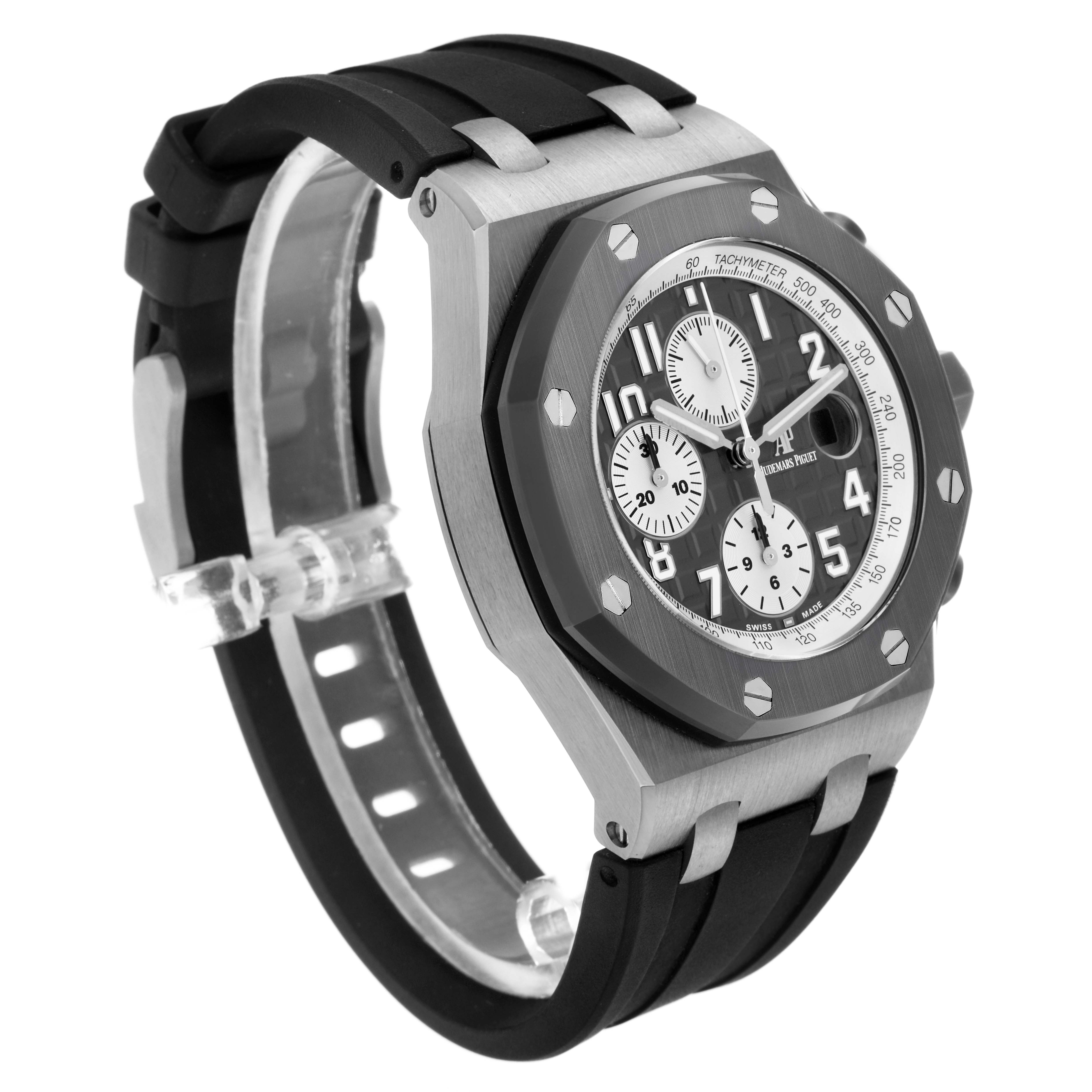 The Audemars Piguet Royal Oak Offshore 26470IO.OO.A006CA.01 Men
s Titanium Grey Dial 26470IO.OO.A006CA.01 Men
s Titanium Grey Dial watch is shown at a slight angle, highlighting the bezel, dial, and strap.