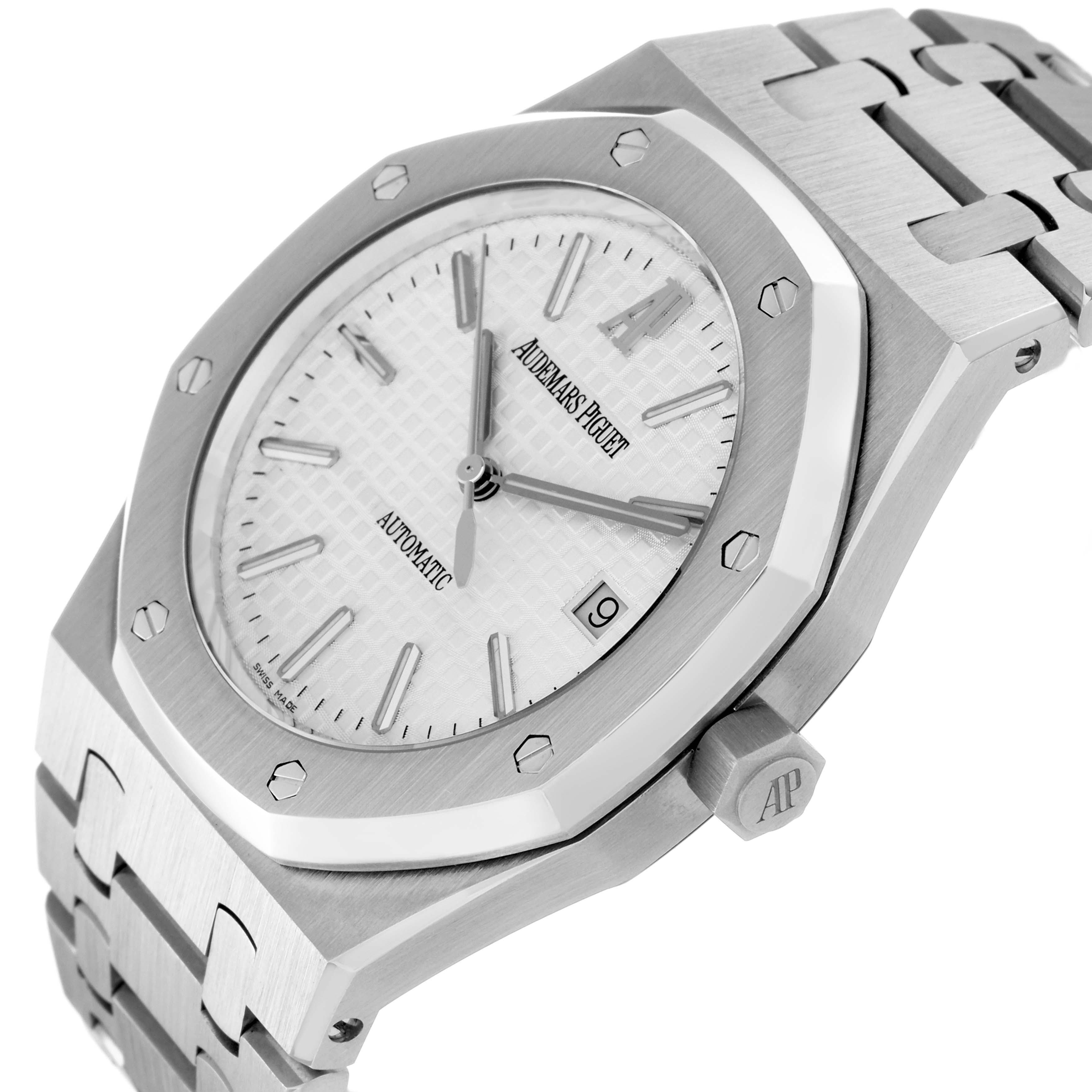 The Audemars Piguet Royal Oak 15300ST.OO.1220ST.01 Men
s Stainless Steel White Dial 15300ST.OO.1220ST.01 Men
s Stainless Steel White Dial watch is shown at a three-quarter angle, highlighting the octagonal bezel, tapisserie dial, and bracelet.
