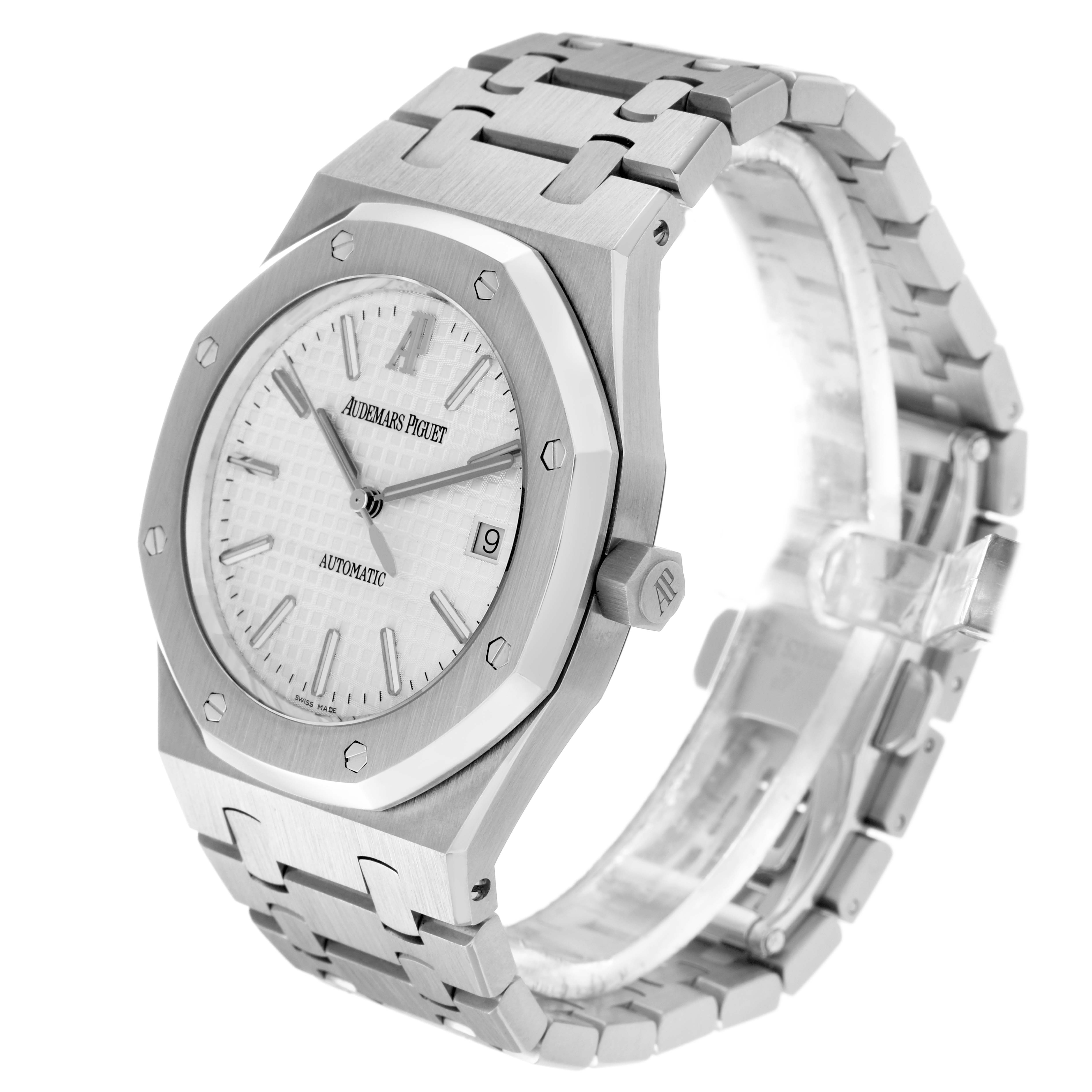 The image shows a side angle of the Audemars Piguet Royal Oak 15300ST.OO.1220ST.01 Men
s Stainless Steel White Dial 15300ST.OO.1220ST.01 Men
s Stainless Steel White Dial, highlighting the bezel, dial, bracelet, and crown.