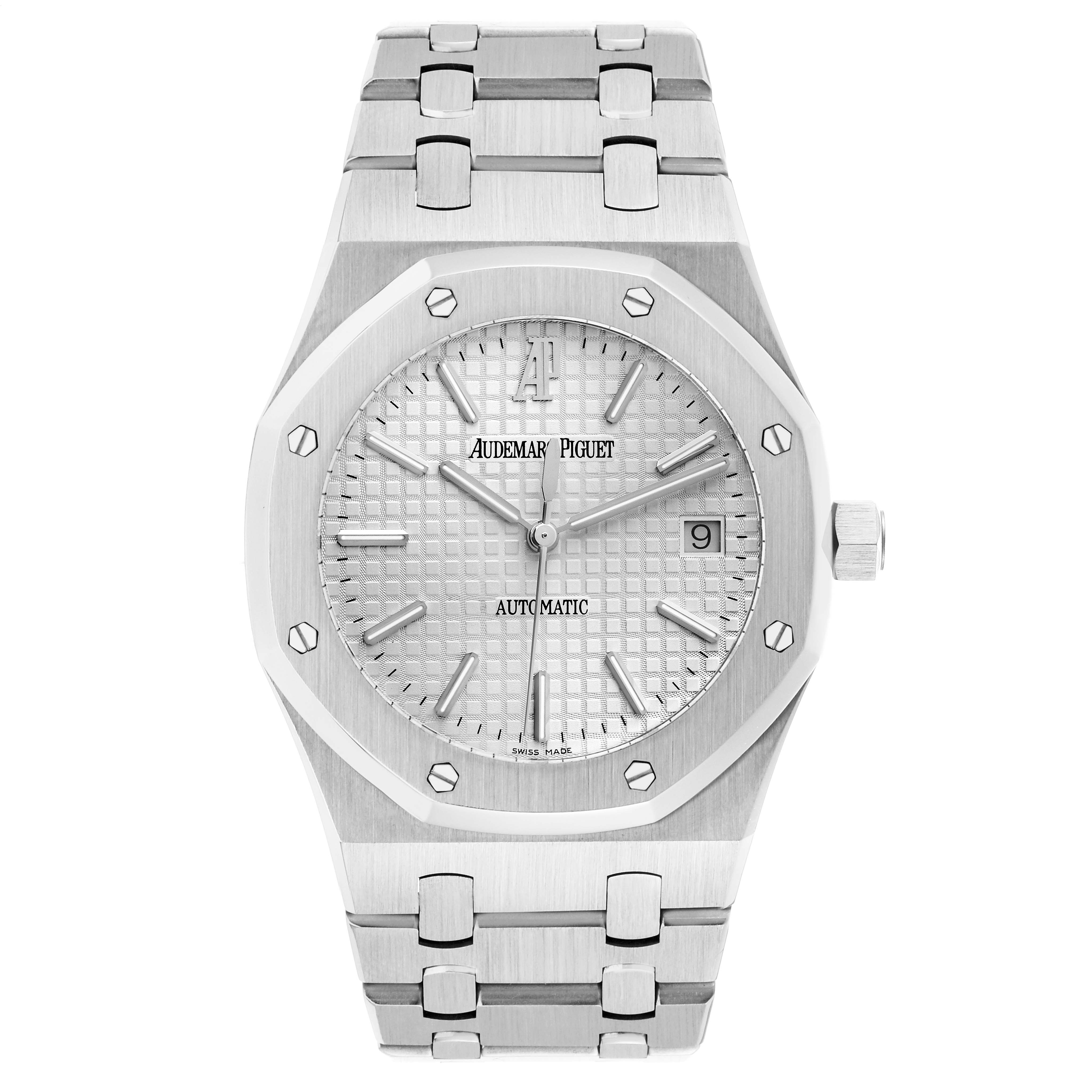 The image shows a frontal view of an Audemars Piguet Royal Oak 15300ST.OO.1220ST.01 Men
s Stainless Steel White Dial 15300ST.OO.1220ST.01 Men
s Stainless Steel White Dial, featuring its octagonal bezel, dial, and bracelet.