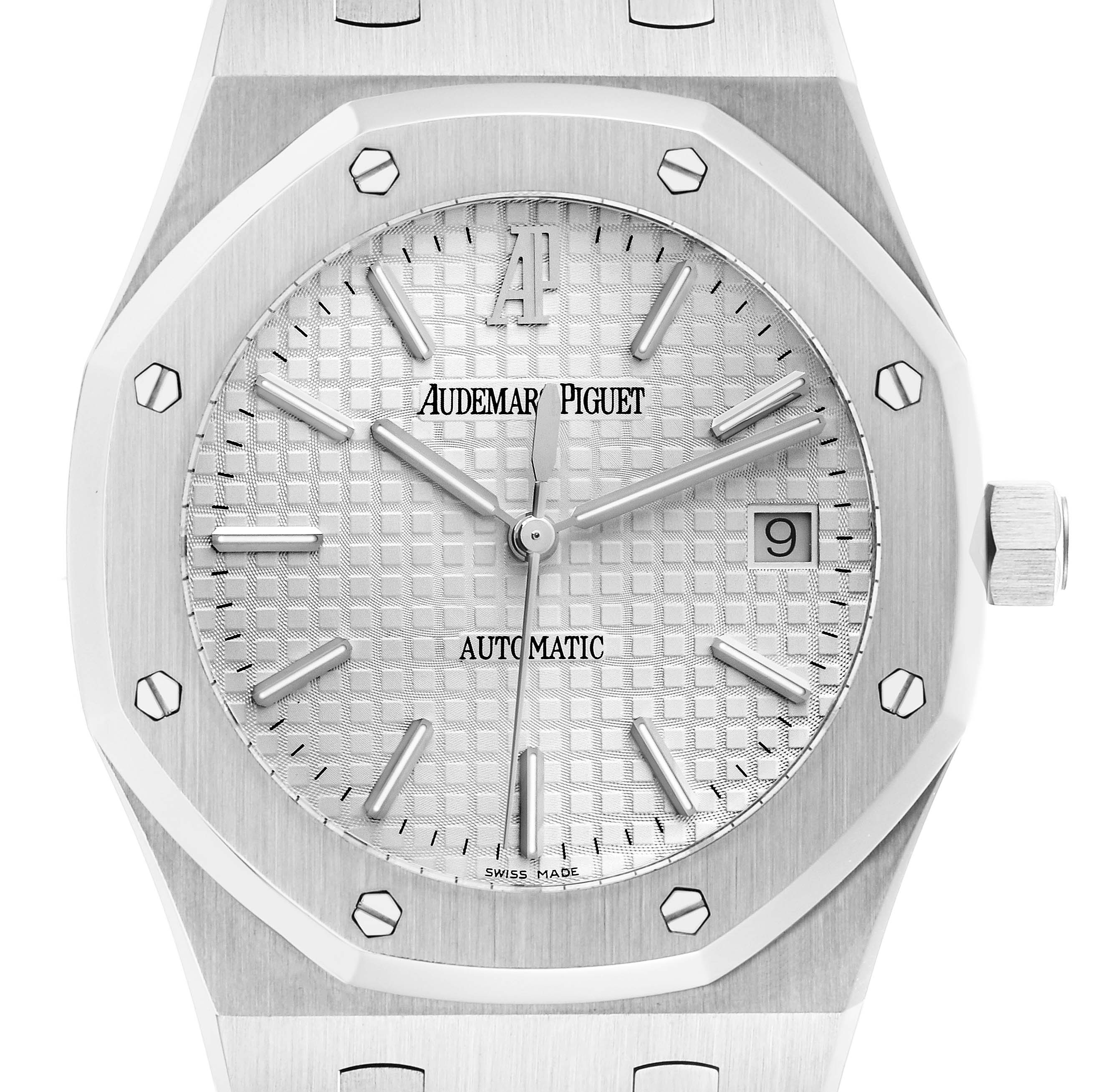The image shows a front view of the Audemars Piguet Royal Oak 15300ST.OO.1220ST.01 Men
s Stainless Steel White Dial 15300ST.OO.1220ST.01 Men
s Stainless Steel White Dial watch, highlighting the octagonal bezel and the textured dial.