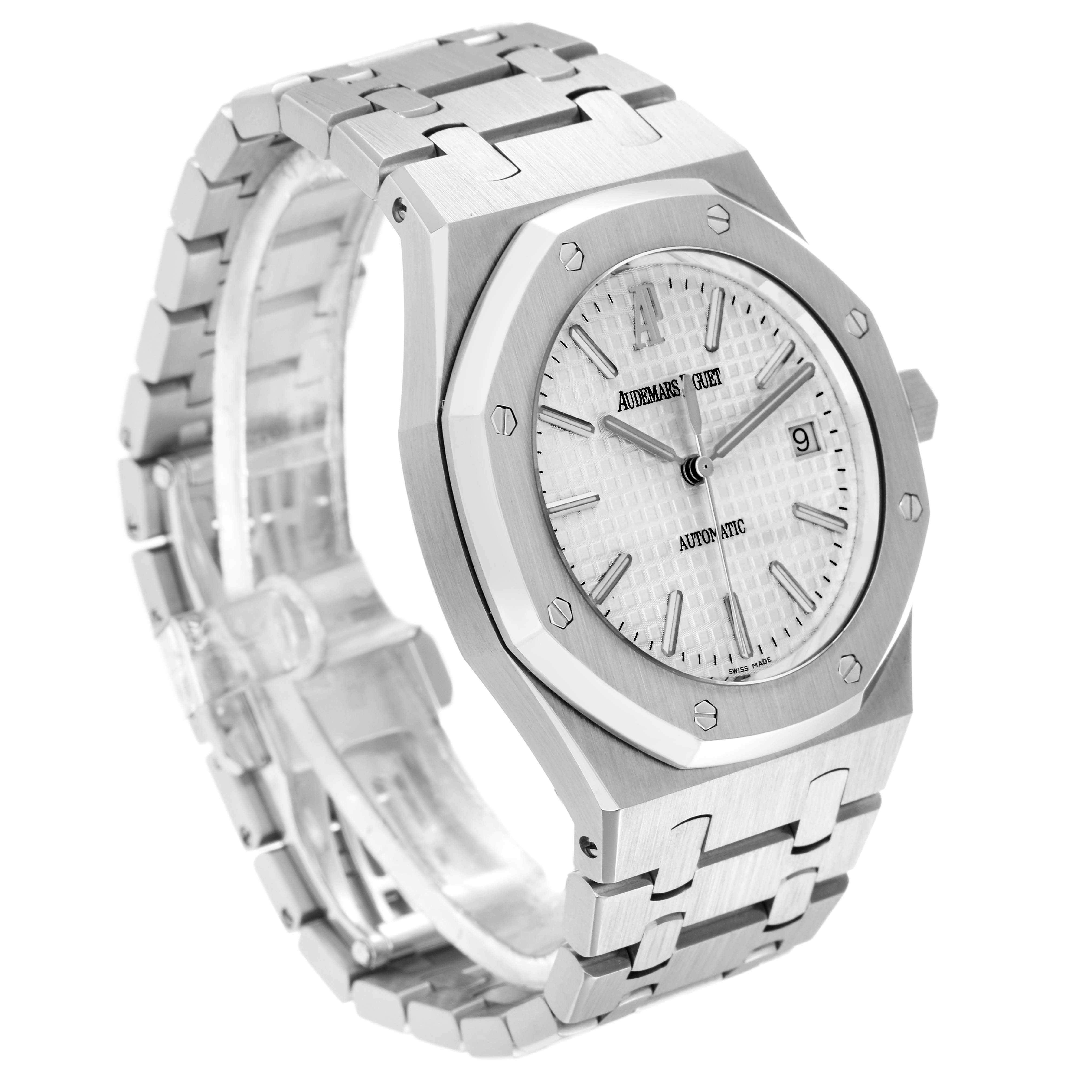 The Audemars Piguet Royal Oak 15300ST.OO.1220ST.01 Men
s Stainless Steel White Dial 15300ST.OO.1220ST.01 Men
s Stainless Steel White Dial watch is shown at a three-quarter angle, highlighting the face, bezel, and bracelet.