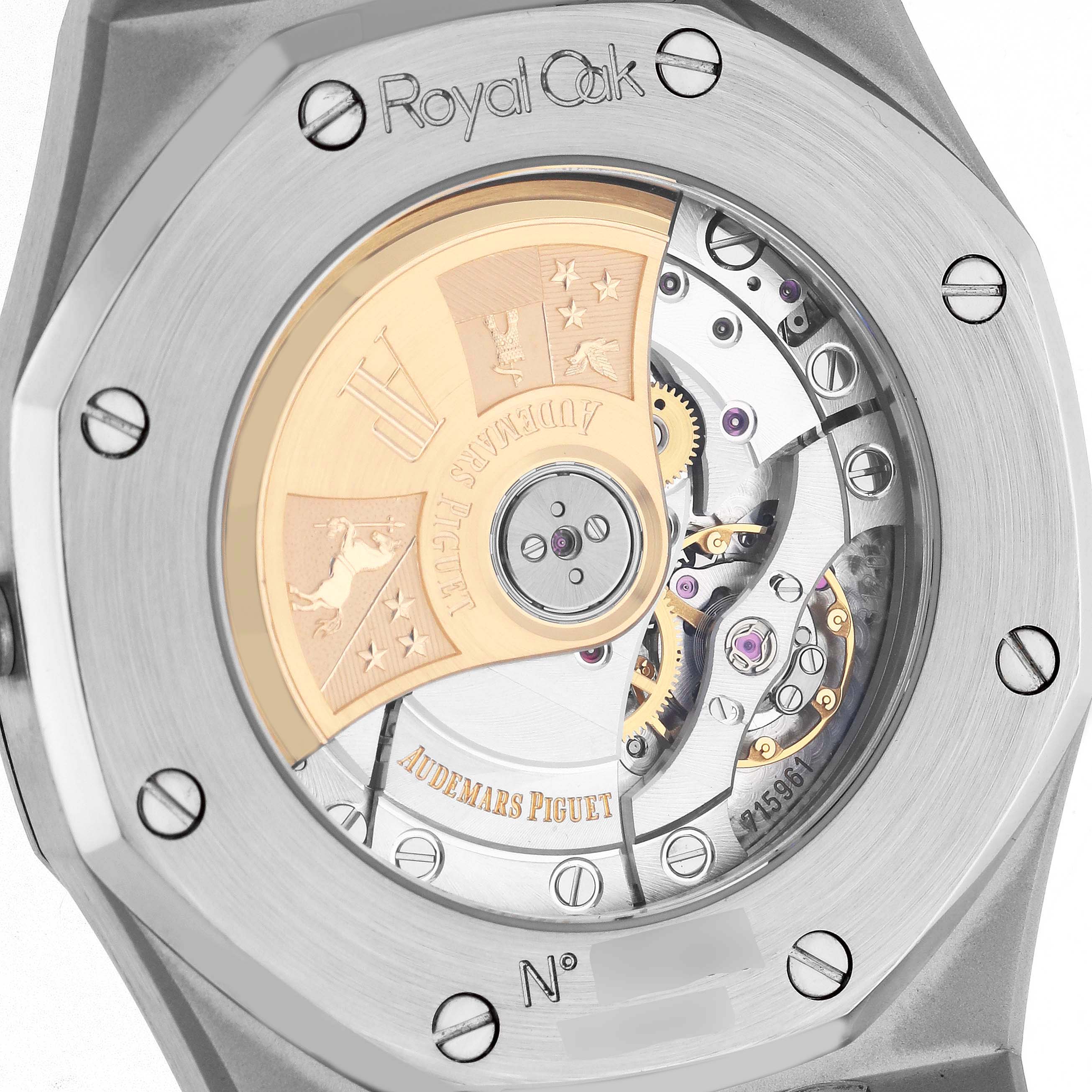 The image shows the back view of an Audemars Piguet Royal Oak 15300ST.OO.1220ST.01 Men
s Stainless Steel White Dial 15300ST.OO.1220ST.01 Men
s Stainless Steel White Dial watch, highlighting the movement and rotor details.
