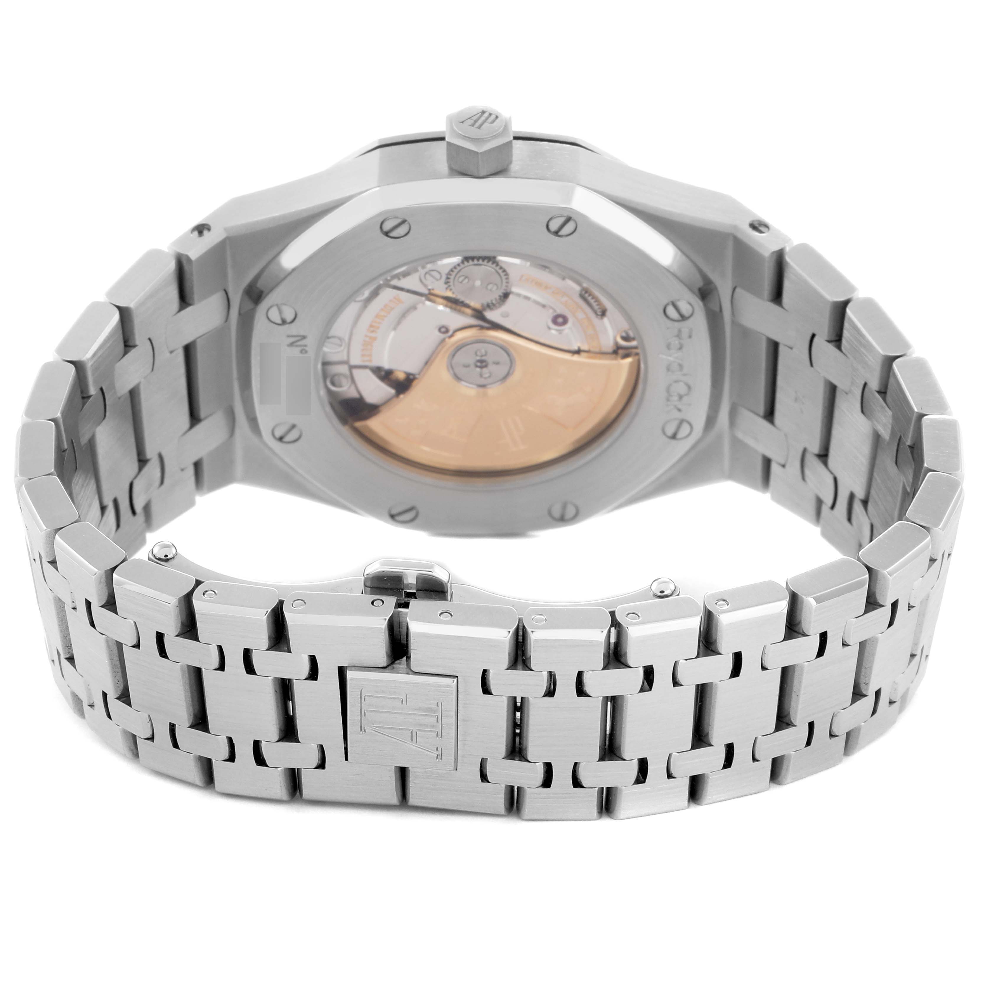 The image shows the back and bracelet of an Audemars Piguet Royal Oak 15300ST.OO.1220ST.01 Men
s Stainless Steel White Dial 15300ST.OO.1220ST.01 Men
s Stainless Steel White Dial, highlighting the case back and clasp.