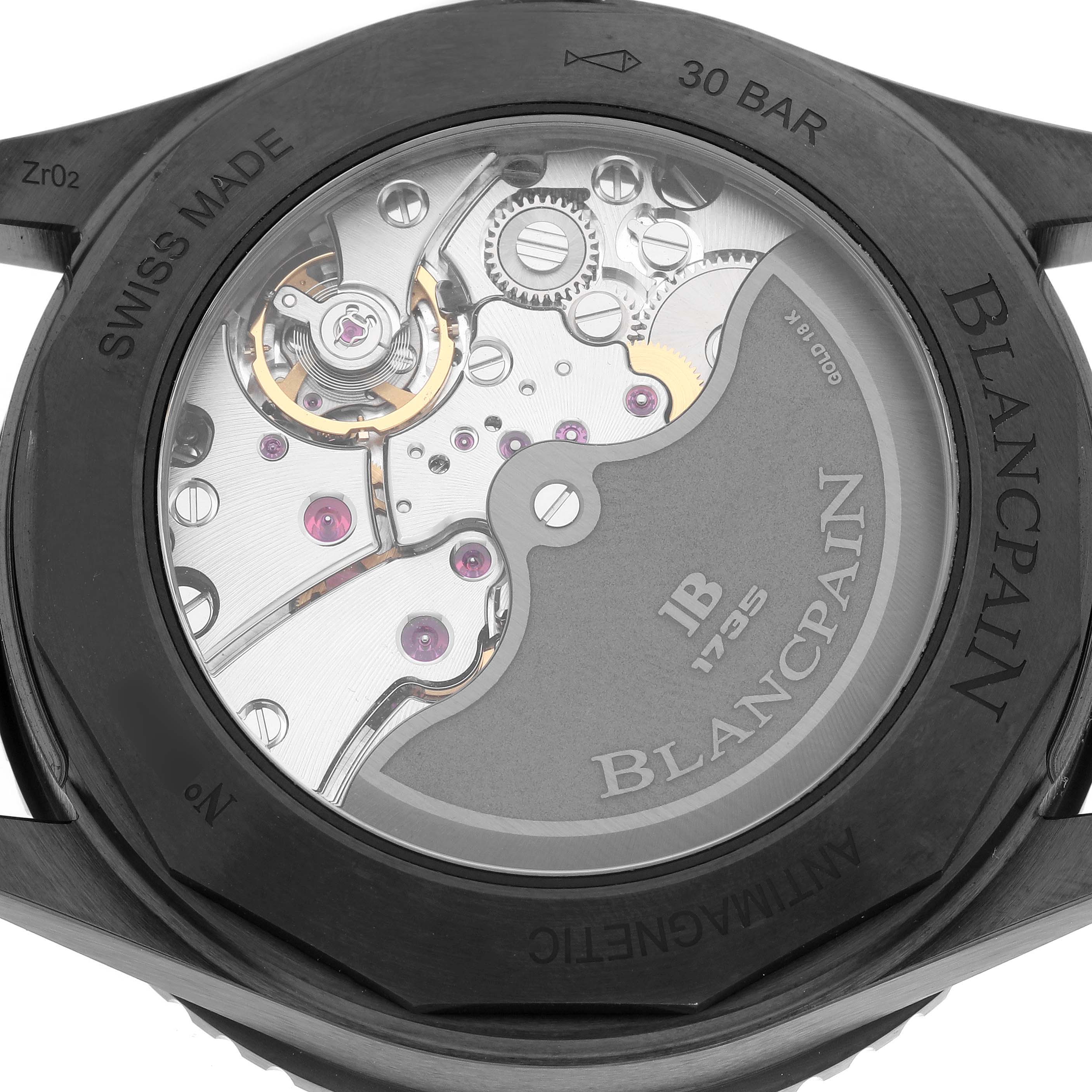 The image shows the back view of a Blancpain Fifty Fathoms 5000-0153-B52A Men
s Ceramic Green Dial 5000-0153-B52A Men
s Ceramic Green Dial watch with its movement and rotor visible.