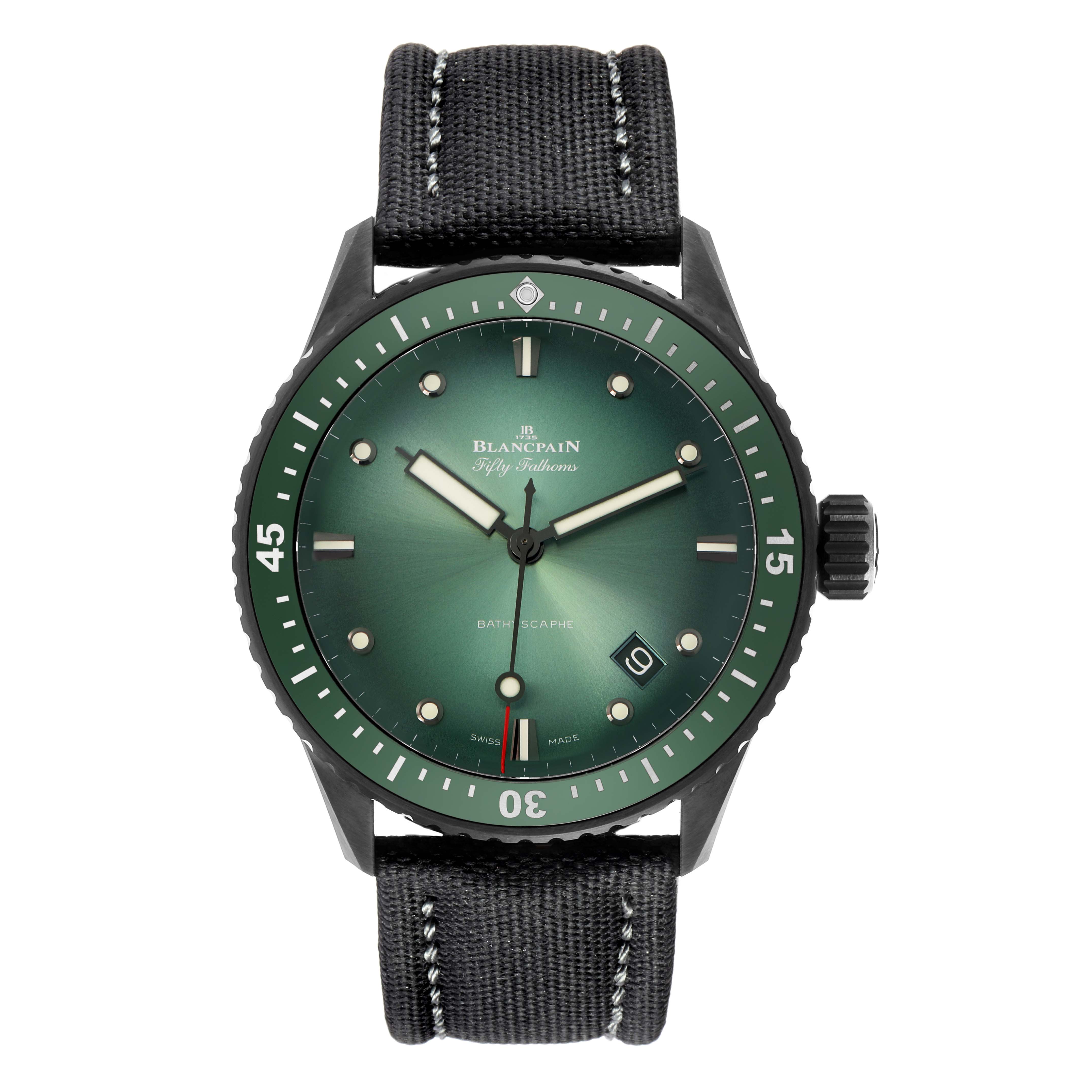 The Blancpain Fifty Fathoms 5000-0153-B52A Men
s Ceramic Green Dial 5000-0153-B52A Men
s Ceramic Green Dial watch is shown from a front angle, displaying the watch face, bezel, and strap.
