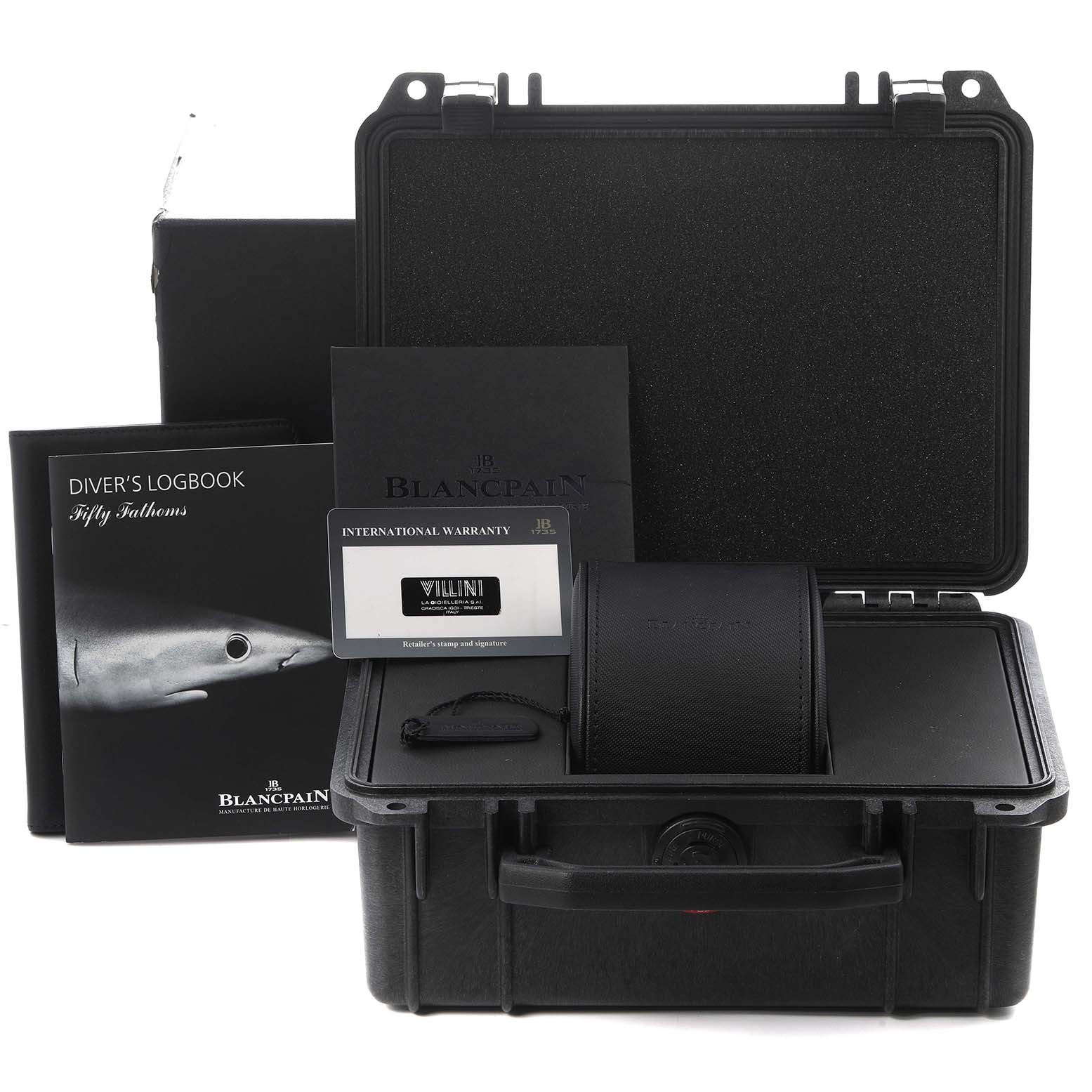 The image shows the Blancpain Fifty Fathoms 5000-0153-B52A Men
s Ceramic Green Dial 5000-0153-B52A Men
s Ceramic Green Dial packaging, including a diver
s logbook, warranty cards, and a watch case inside a protective box.