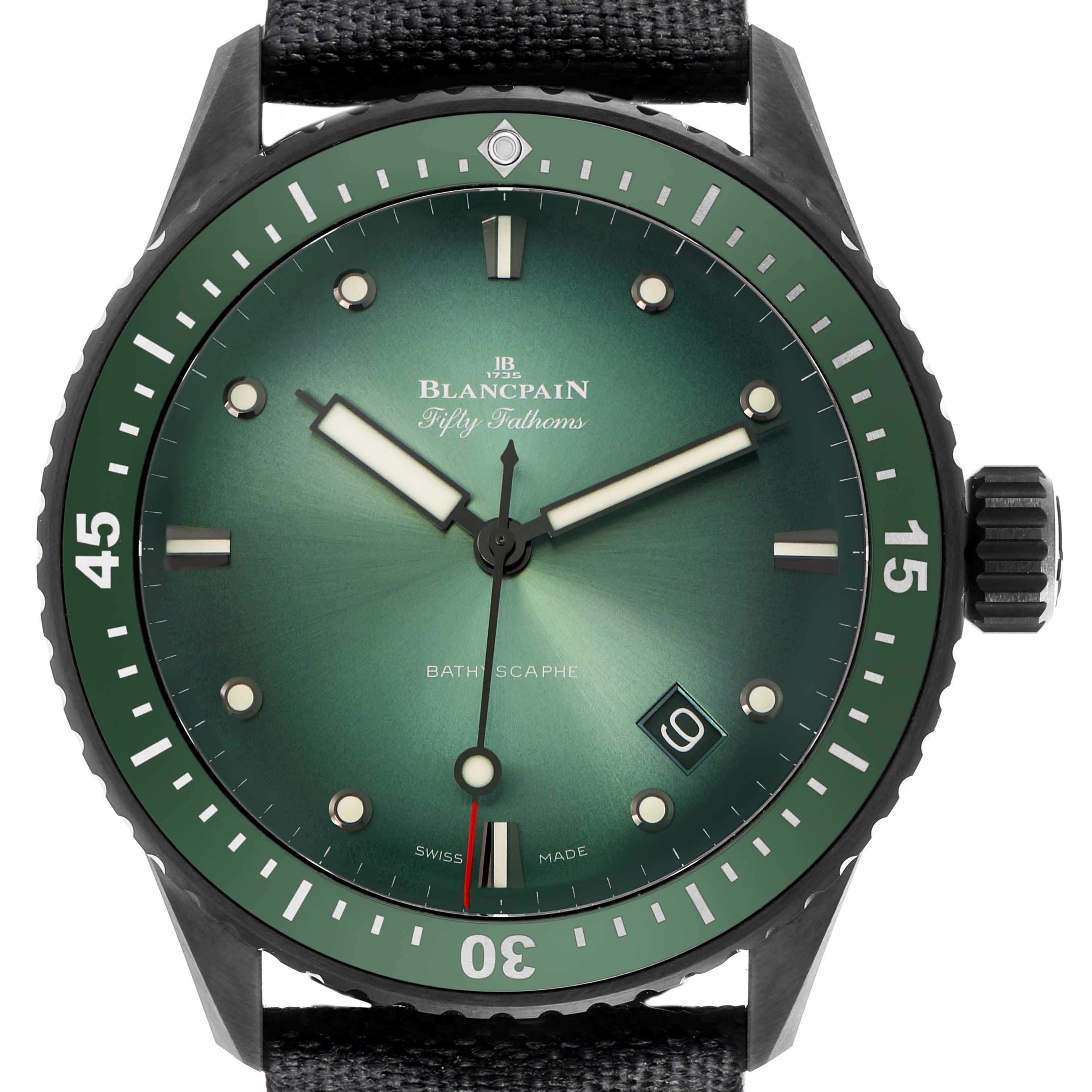 The Blancpain Fifty Fathoms 5000-0153-B52A Men
s Ceramic Green Dial 5000-0153-B52A Men
s Ceramic Green Dial watch is shown from the front, displaying the dial, bezel, and crown.
