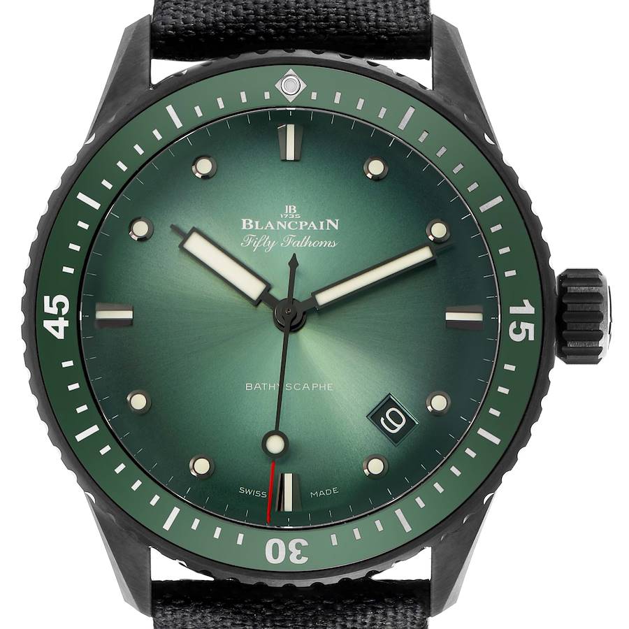 The Blancpain Fifty Fathoms watch is shown from the front, displaying the dial, bezel, and crown.