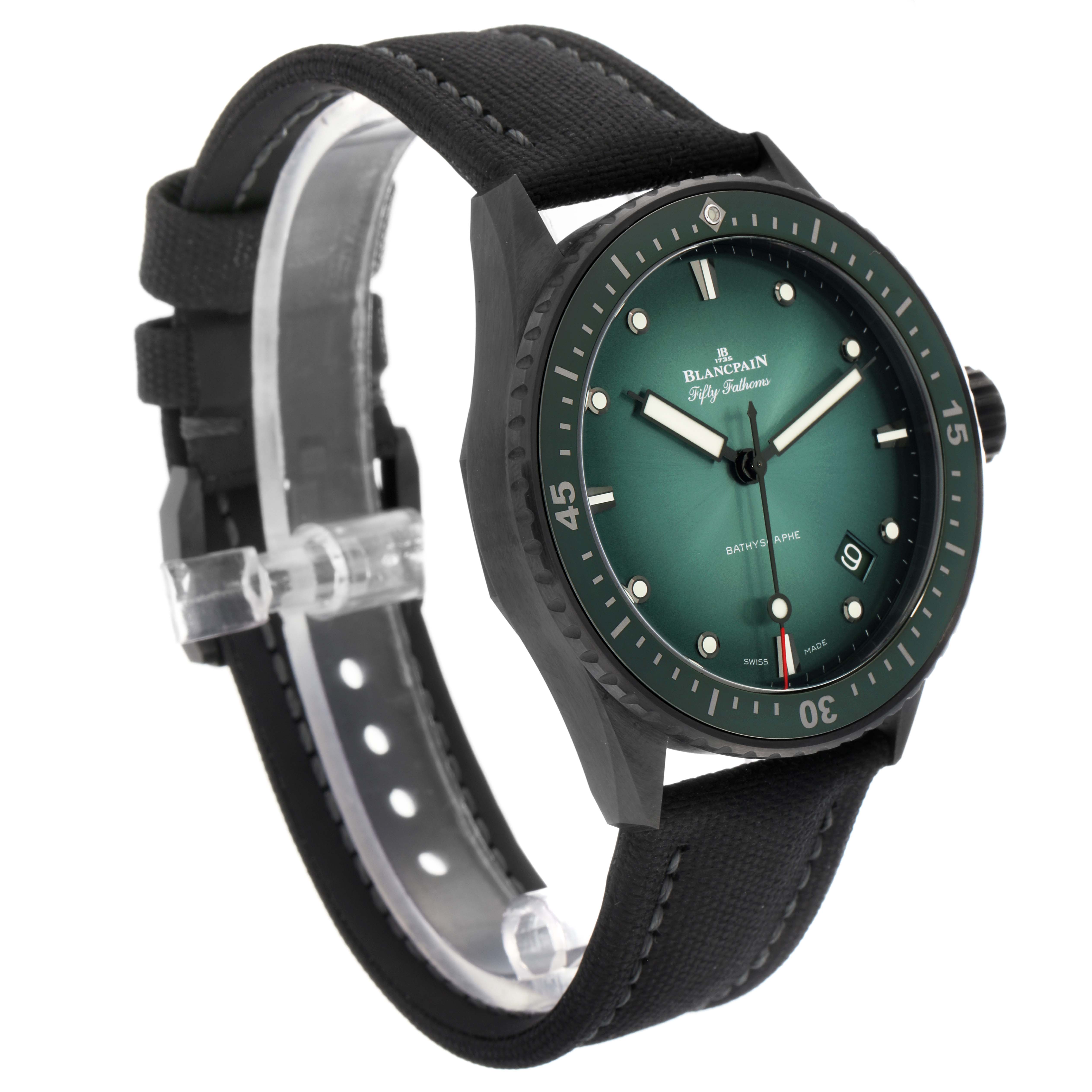 The Blancpain Fifty Fathoms 5000-0153-B52A Men
s Ceramic Green Dial 5000-0153-B52A Men
s Ceramic Green Dial watch is shown at a three-quarter angle, highlighting the bezel, dial, strap, and crown.