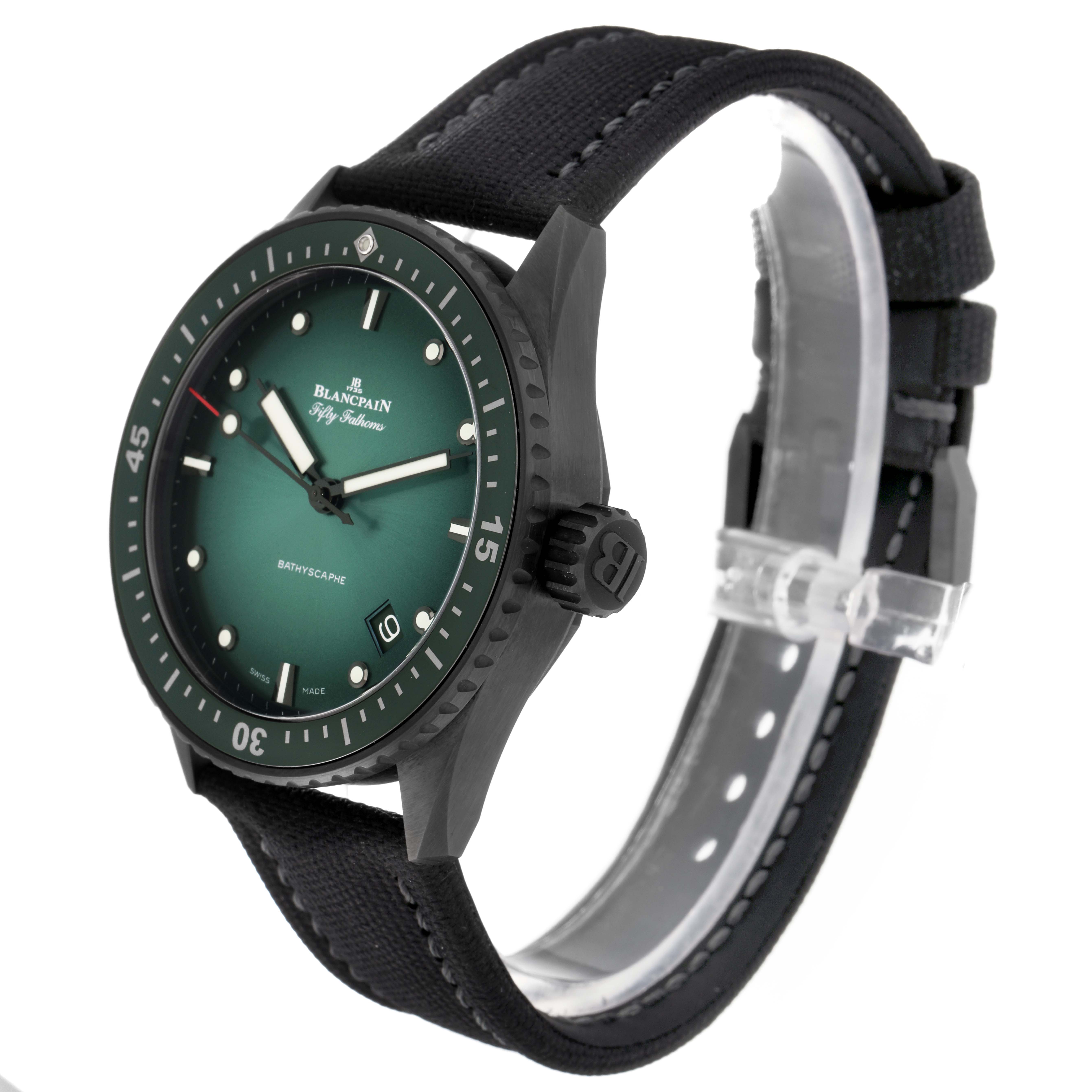 The Blancpain Fifty Fathoms 5000-0153-B52A Men
s Ceramic Green Dial 5000-0153-B52A Men
s Ceramic Green Dial watch is shown at a three-quarter angle, highlighting the face, bezel, and strap.