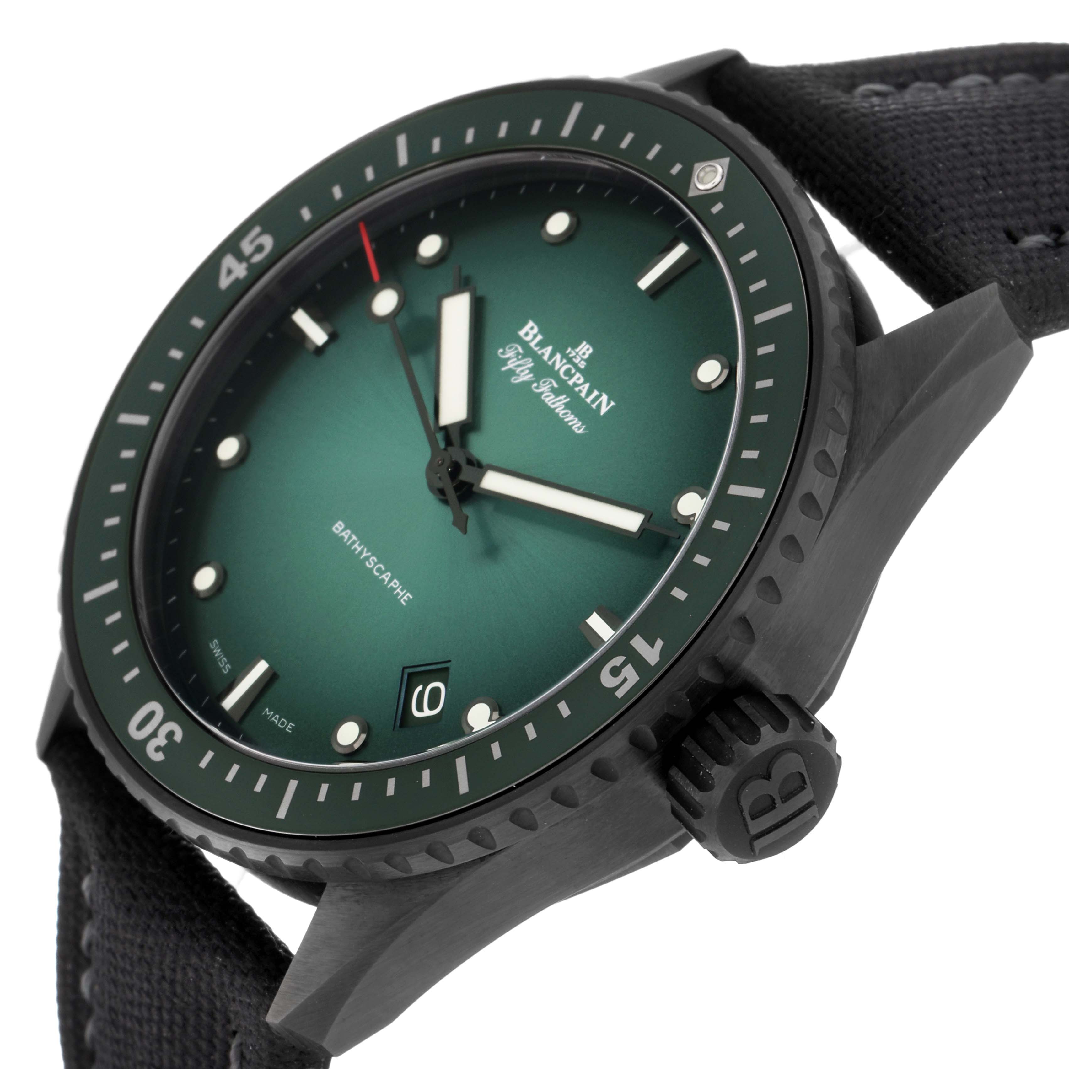 The Blancpain Fifty Fathoms 5000-0153-B52A Men
s Ceramic Green Dial 5000-0153-B52A Men
s Ceramic Green Dial watch is shown at an oblique angle highlighting the dial, bezel, crown, and strap.