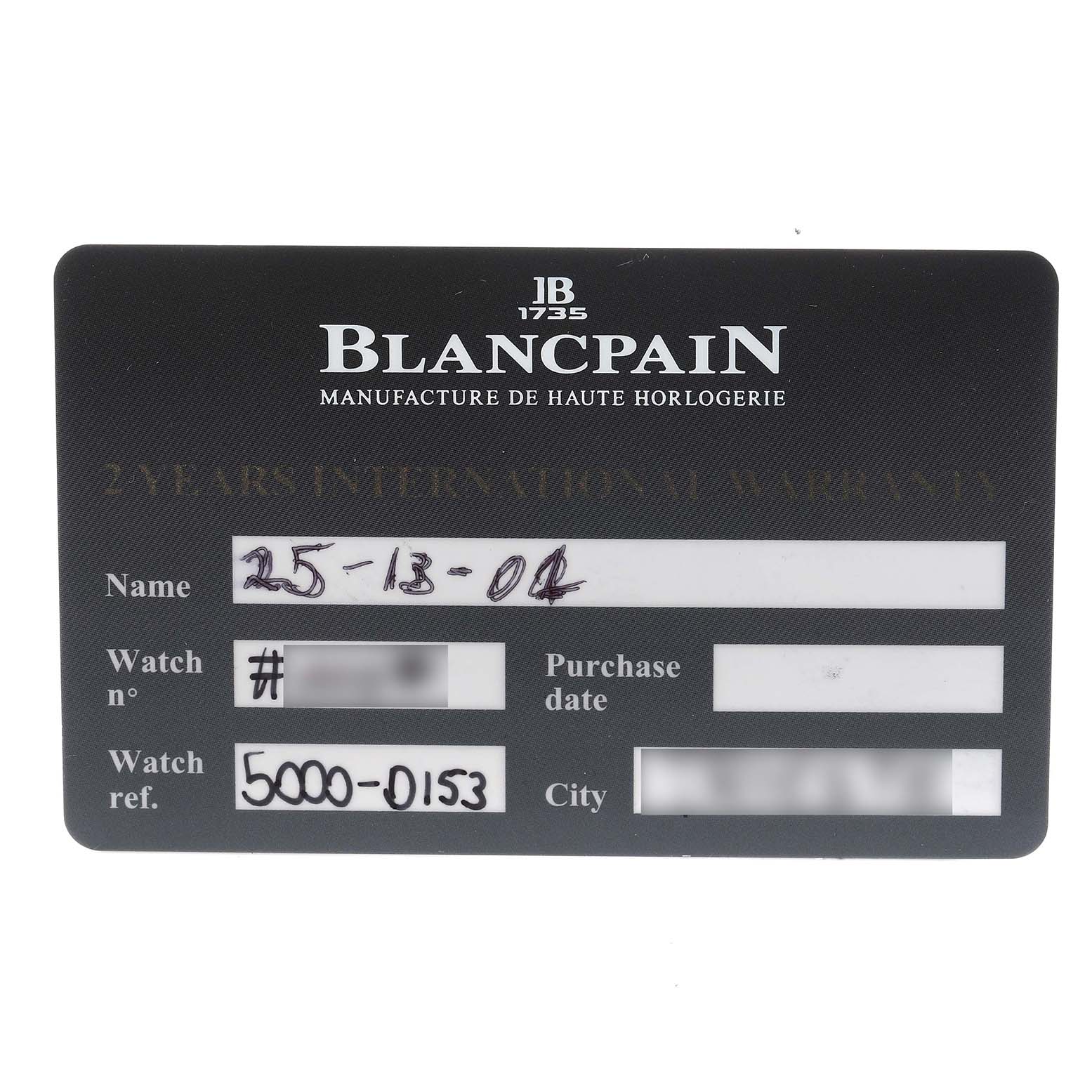 The image shows a warranty card for a Blancpain Fifty Fathoms 5000-0153-B52A Men
s Ceramic Green Dial 5000-0153-B52A Men
s Ceramic Green Dial watch, displaying model details.