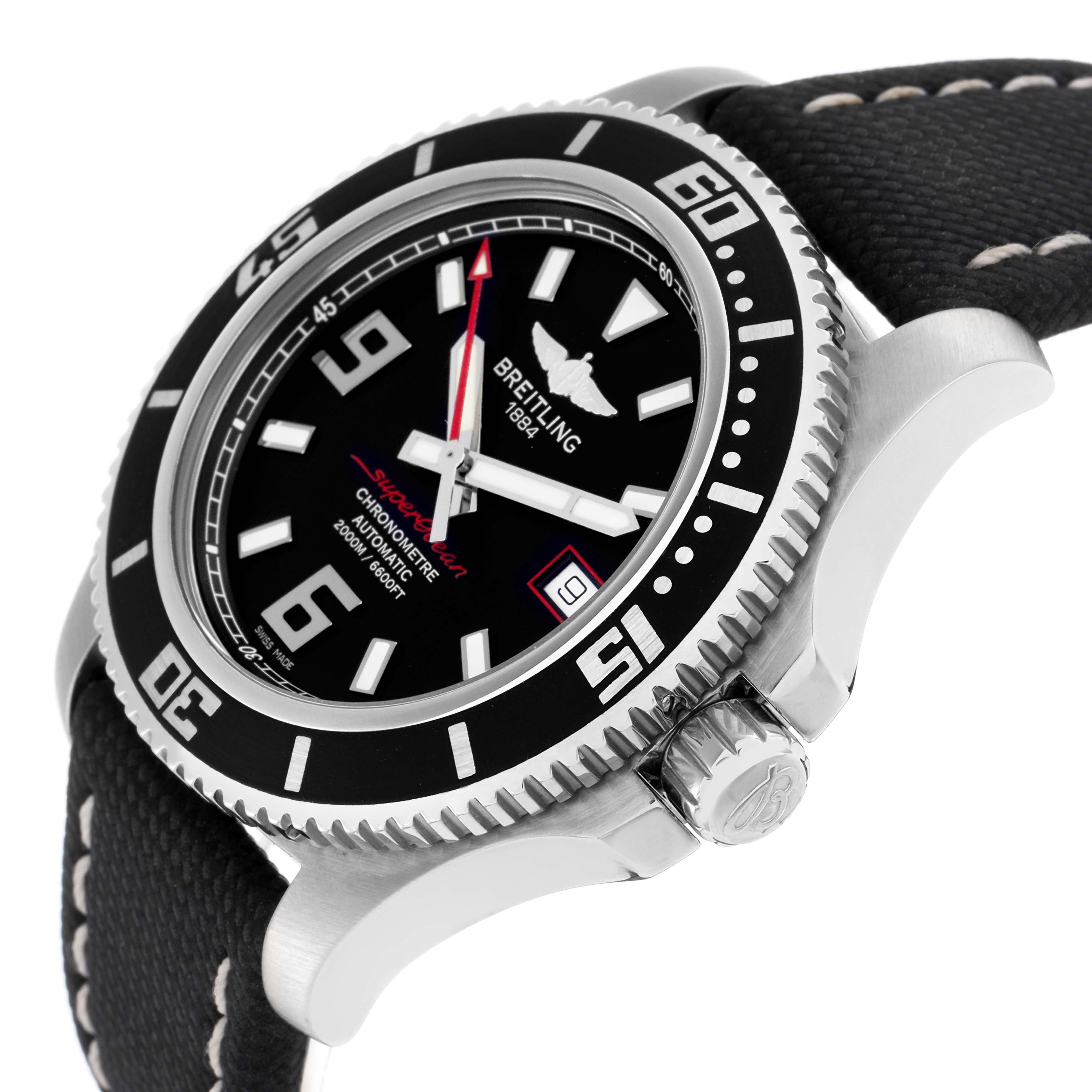 The Breitling Superocean A17391 Men
s Stainless Steel Black Dial A17391 Men
s Stainless Steel Black Dial watch is shown from a side angle highlighting the bezel, dial, crown, and part of the strap.