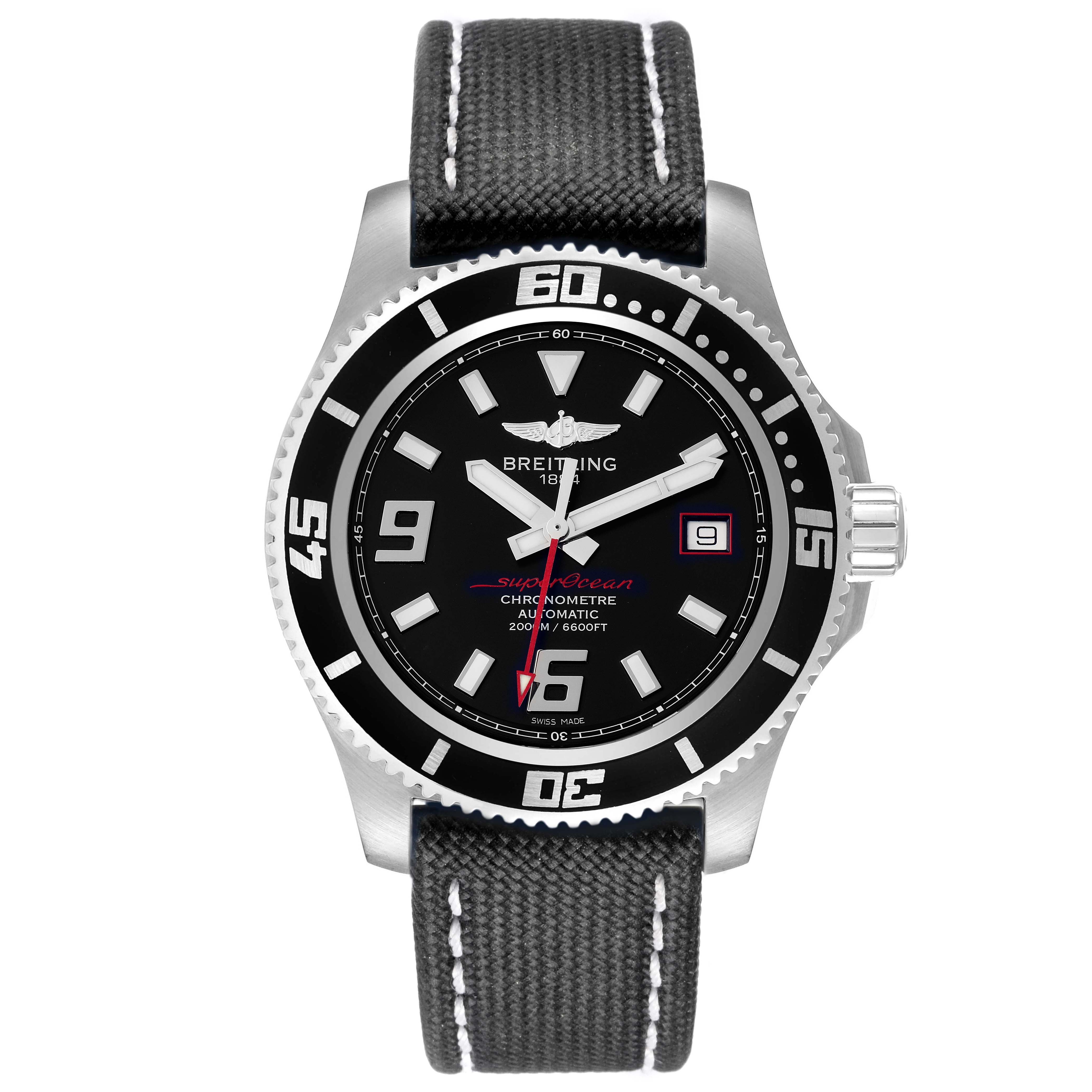 The Breitling Superocean A17391 Men
s Stainless Steel Black Dial A17391 Men
s Stainless Steel Black Dial watch is shown from a top-down angle, displaying its face, bezel, crown, and strap.