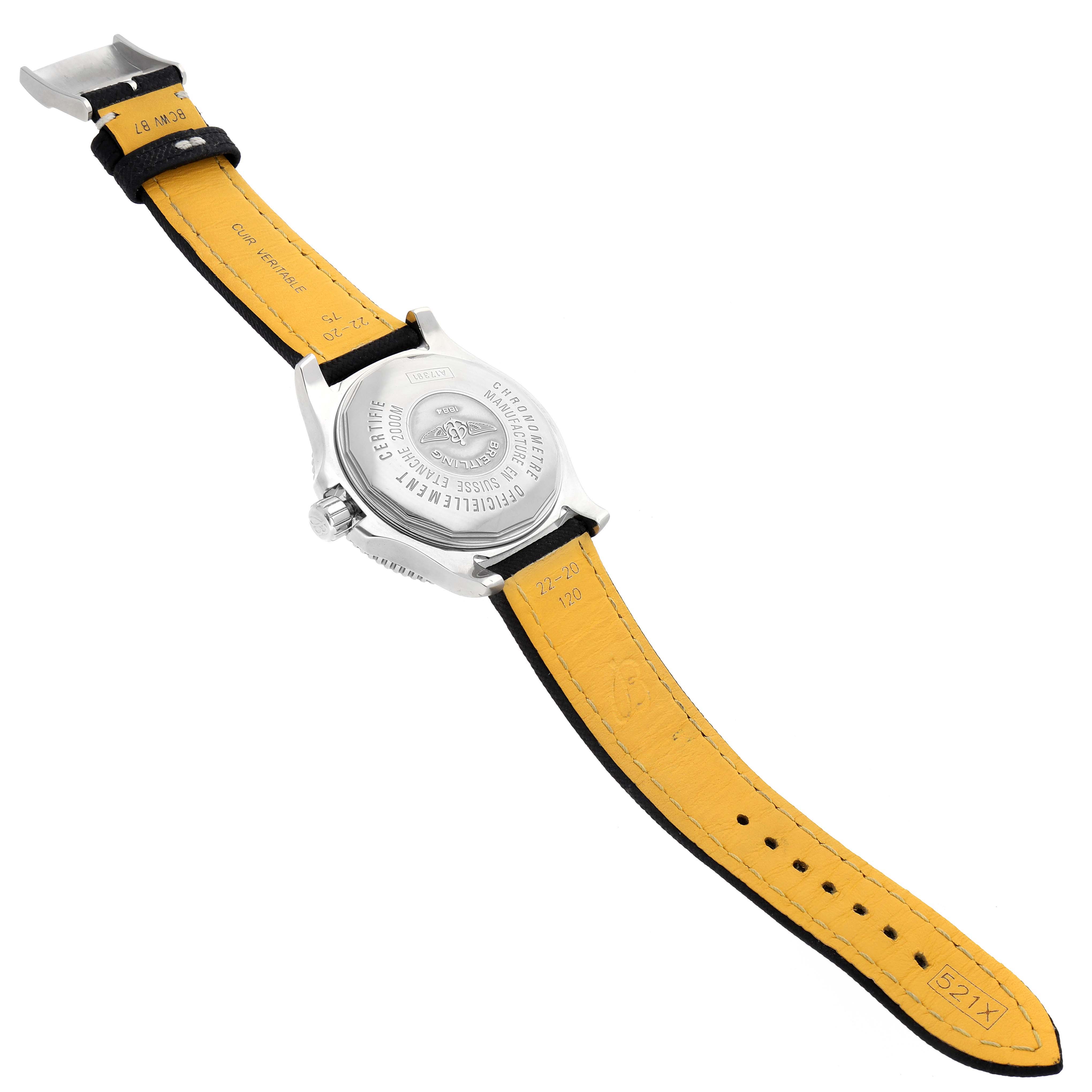 The Breitling Superocean A17391 Men
s Stainless Steel Black Dial A17391 Men
s Stainless Steel Black Dial model is shown from the back, highlighting the case back, strap, and buckle.