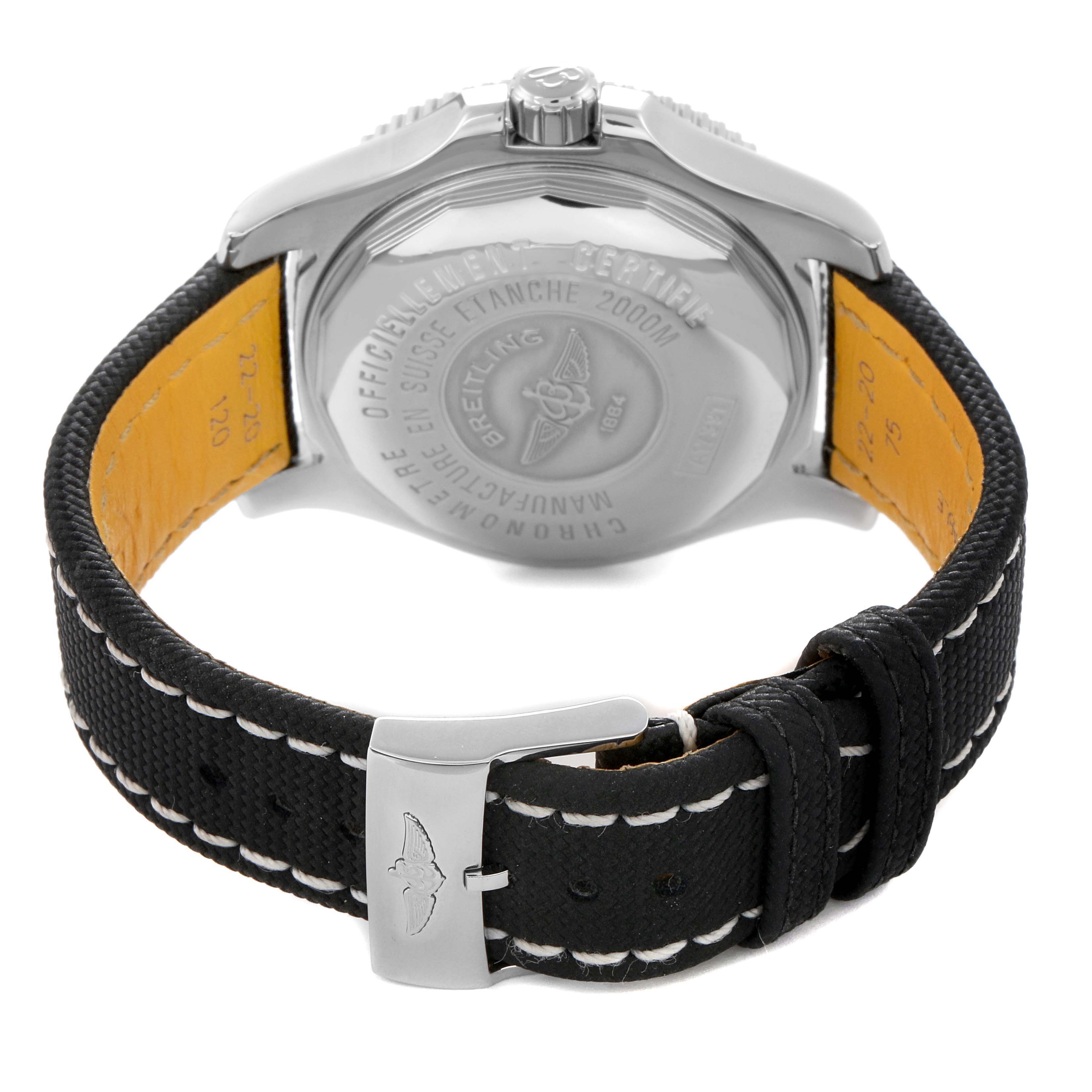 The Breitling Superocean A17391 Men
s Stainless Steel Black Dial A17391 Men
s Stainless Steel Black Dial watch is shown from a rear angle, highlighting the case back and leather strap with buckle.