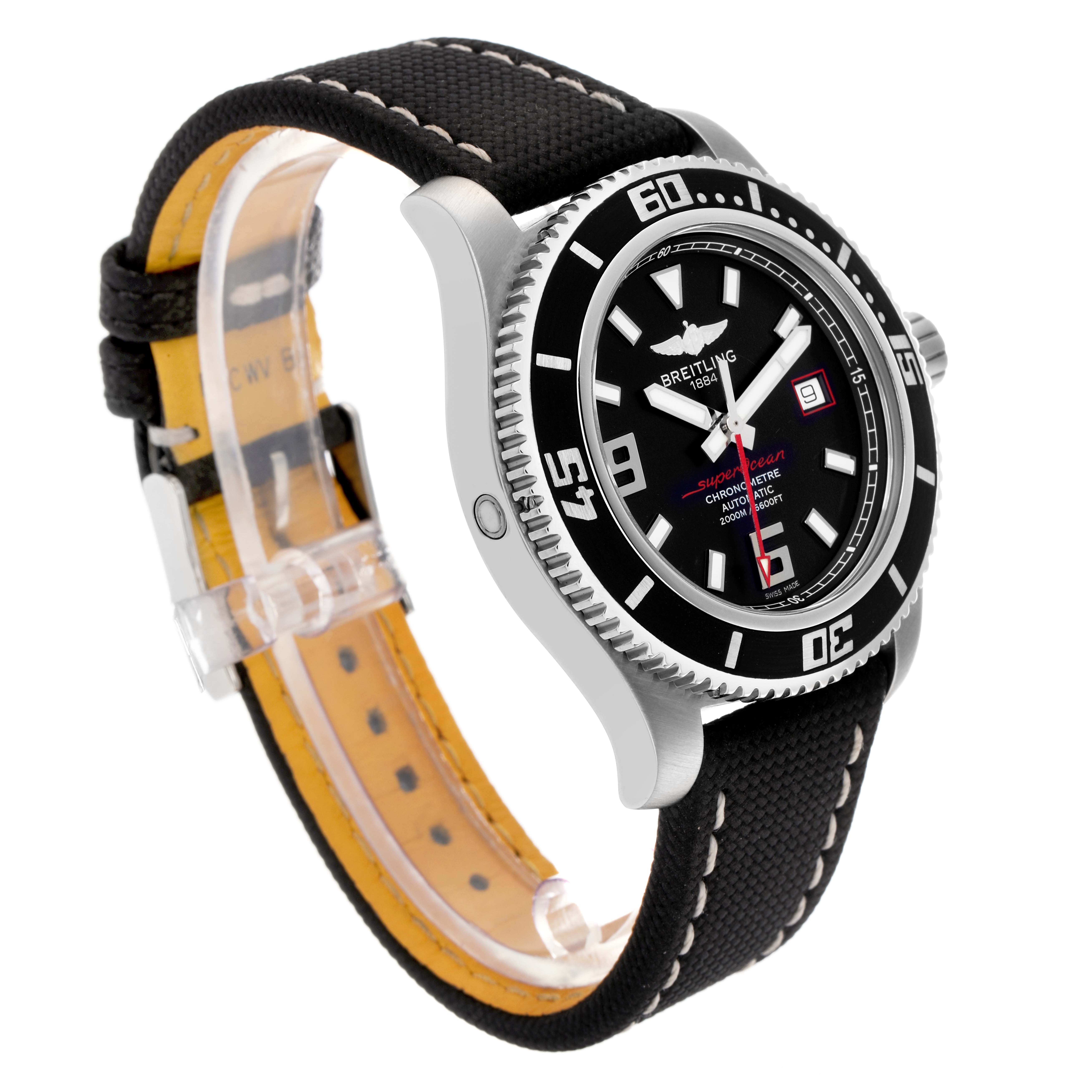 The Breitling Superocean A17391 Men
s Stainless Steel Black Dial A17391 Men
s Stainless Steel Black Dial watch is shown at a three-quarters angle, highlighting the face, bezel, crown, and strap with stitching detail.