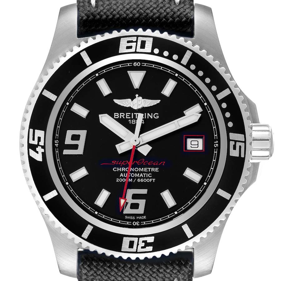 The Breitling Superocean watch is shown from the front, highlighting the face, bezel, and dial details.