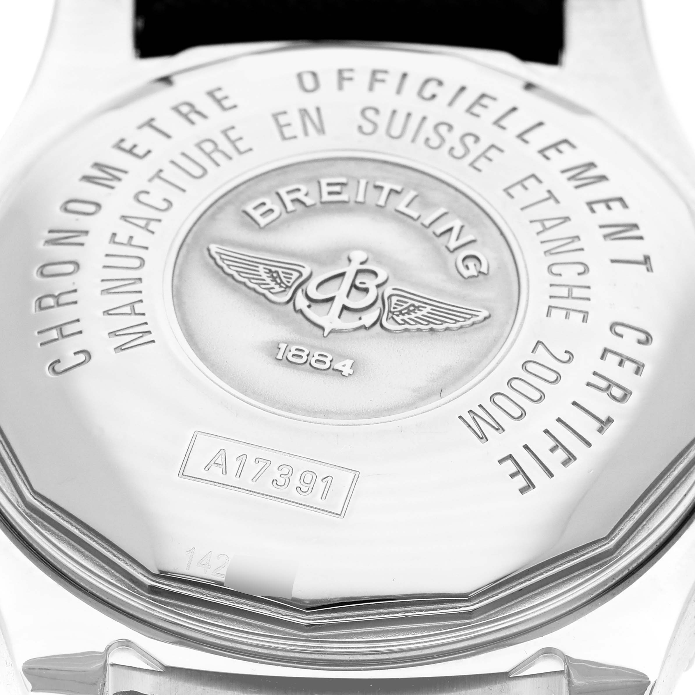 The image shows the back case of a Breitling Superocean A17391 Men
s Stainless Steel Black Dial A17391 Men
s Stainless Steel Black Dial watch, displaying engravings and the logo.