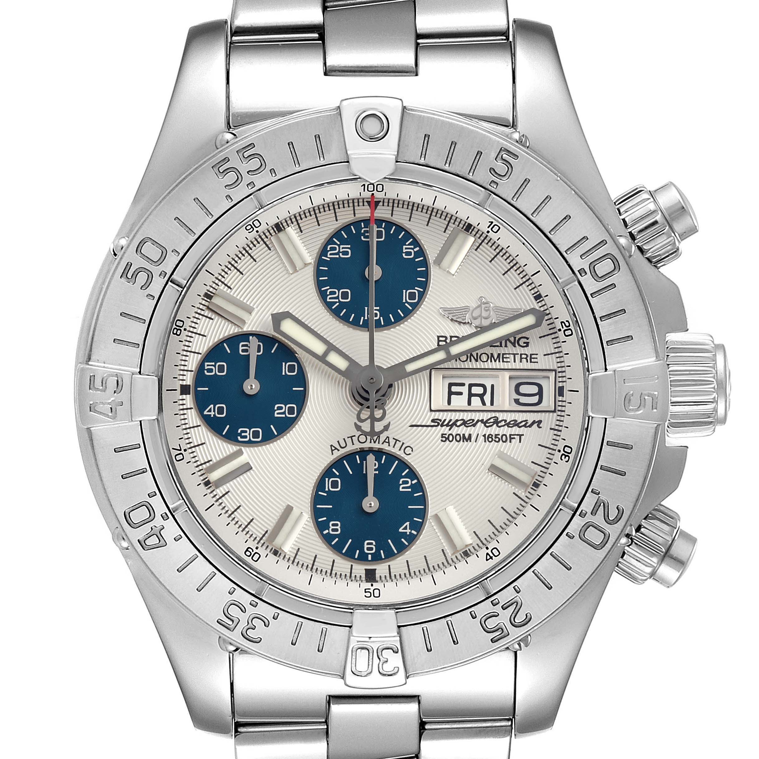 The image shows a front view of a Breitling Superocean A13340 Men's Stainless Steel Beige Dial A13340 Men's Stainless Steel Beige Dial model watch, displaying the face, bezel, and bracelet.