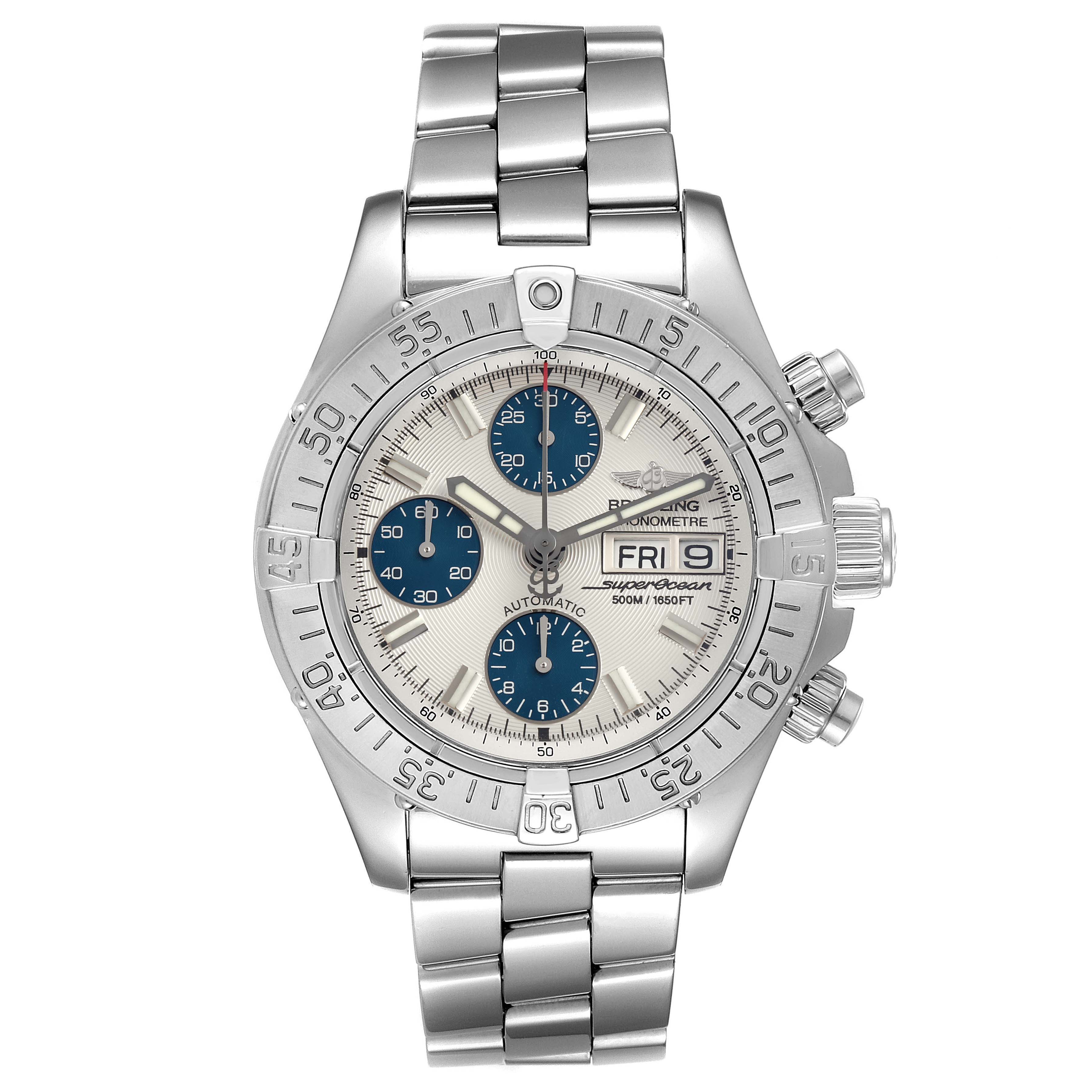 This image shows the front view of a Breitling Superocean A13340 Men's Stainless Steel Beige Dial A13340 Men's Stainless Steel Beige Dial watch, featuring its face, bezel, and stainless steel bracelet.