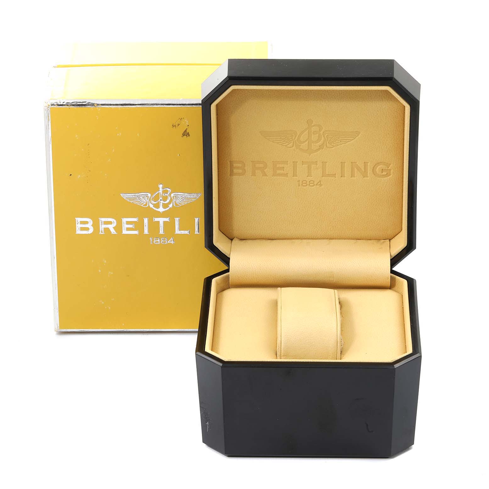 The image shows an open Breitling Superocean A13340 Men's Stainless Steel Beige Dial A13340 Men's Stainless Steel Beige Dial watch box, with a yellow outer box and an empty padded interior.