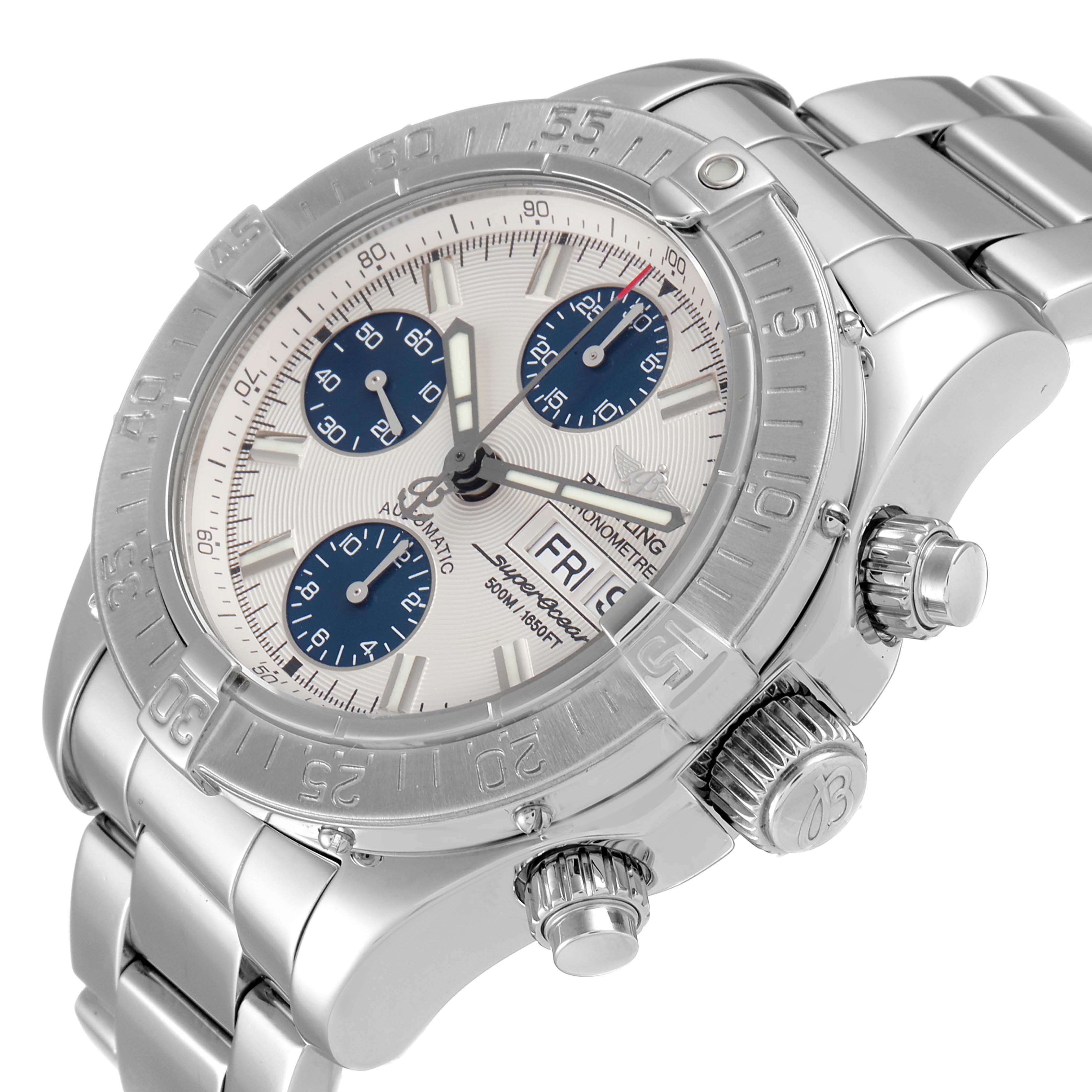 This is a frontal, slightly angled view of a Breitling Superocean A13340 Men's Stainless Steel Beige Dial A13340 Men's Stainless Steel Beige Dial watch showing the dial, bezel, crown, pushers, and the metal bracelet.