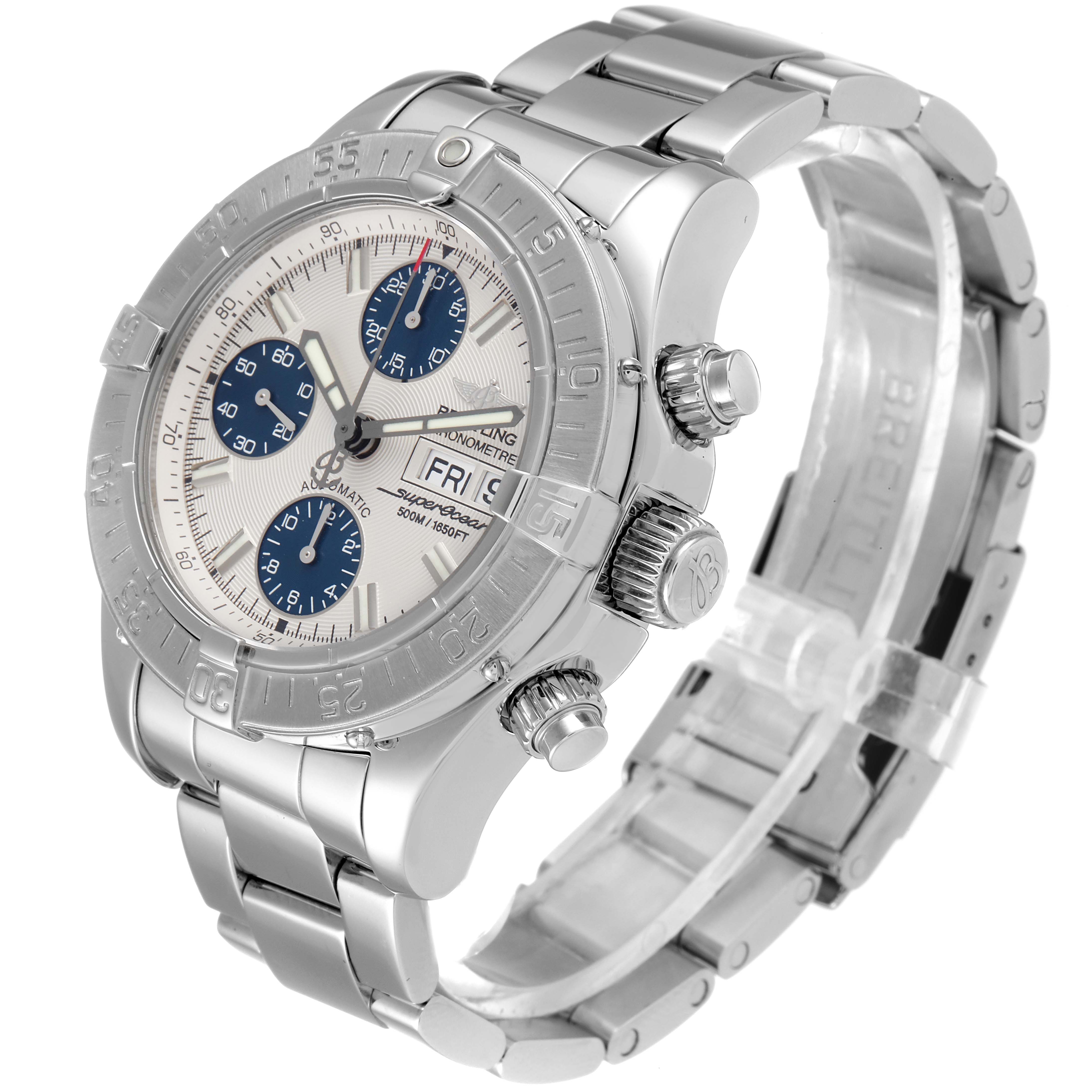 This image shows the Breitling Superocean A13340 Men's Stainless Steel Beige Dial A13340 Men's Stainless Steel Beige Dial watch at a three-quarter angle, highlighting its face, bezel, crown, and bracelet.