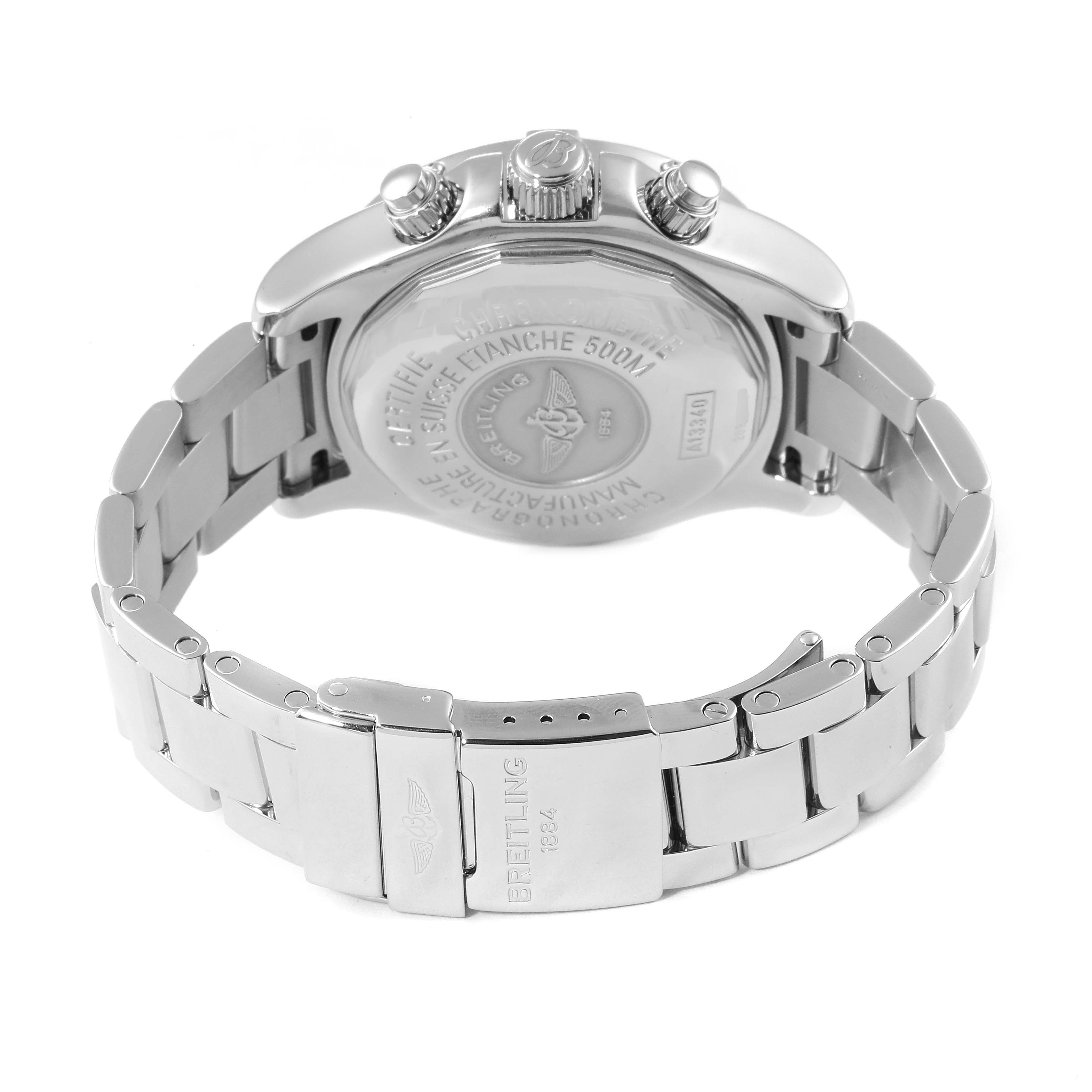 This image shows the back case and clasp of the Breitling Superocean A13340 Men's Stainless Steel Beige Dial A13340 Men's Stainless Steel Beige Dial watch, highlighting its stainless steel bracelet.