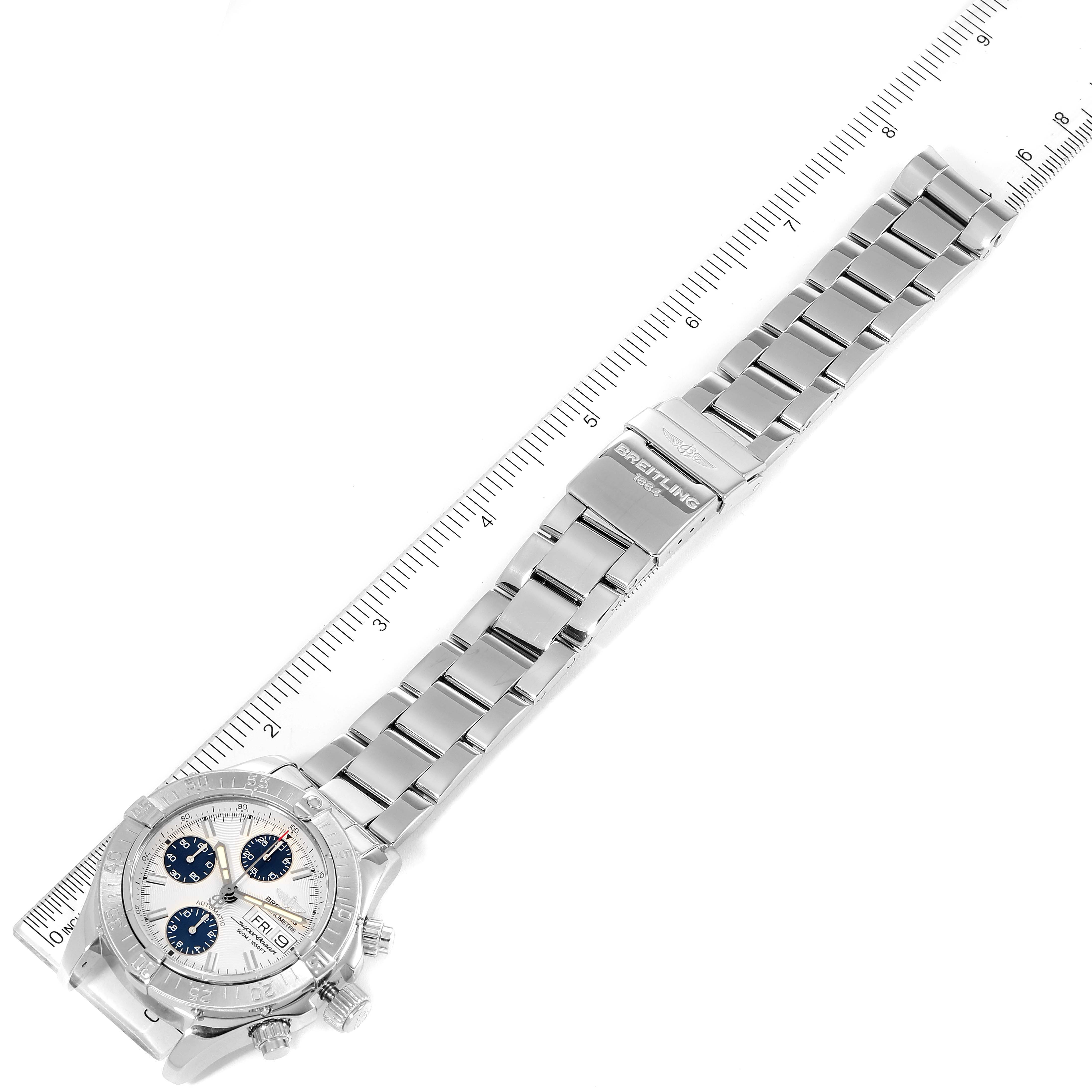 The Breitling Superocean A13340 Men's Stainless Steel Beige Dial A13340 Men's Stainless Steel Beige Dial watch is shown from a top-down angle featuring the face and stainless steel bracelet.