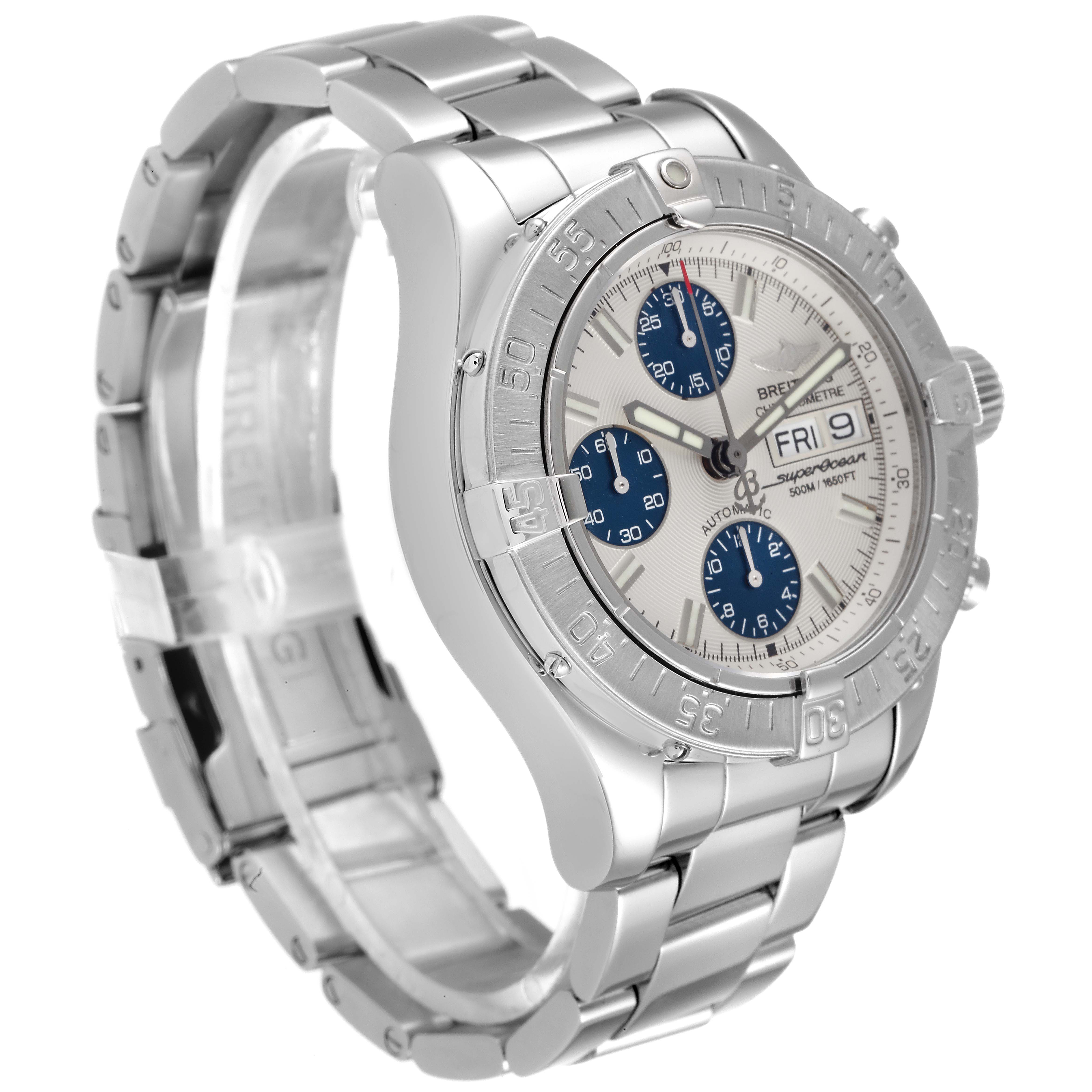 The Breitling Superocean A13340 Men's Stainless Steel Beige Dial A13340 Men's Stainless Steel Beige Dial watch is shown at a three-quarter angle, highlighting its stainless steel bracelet, bezel, and three subdials.