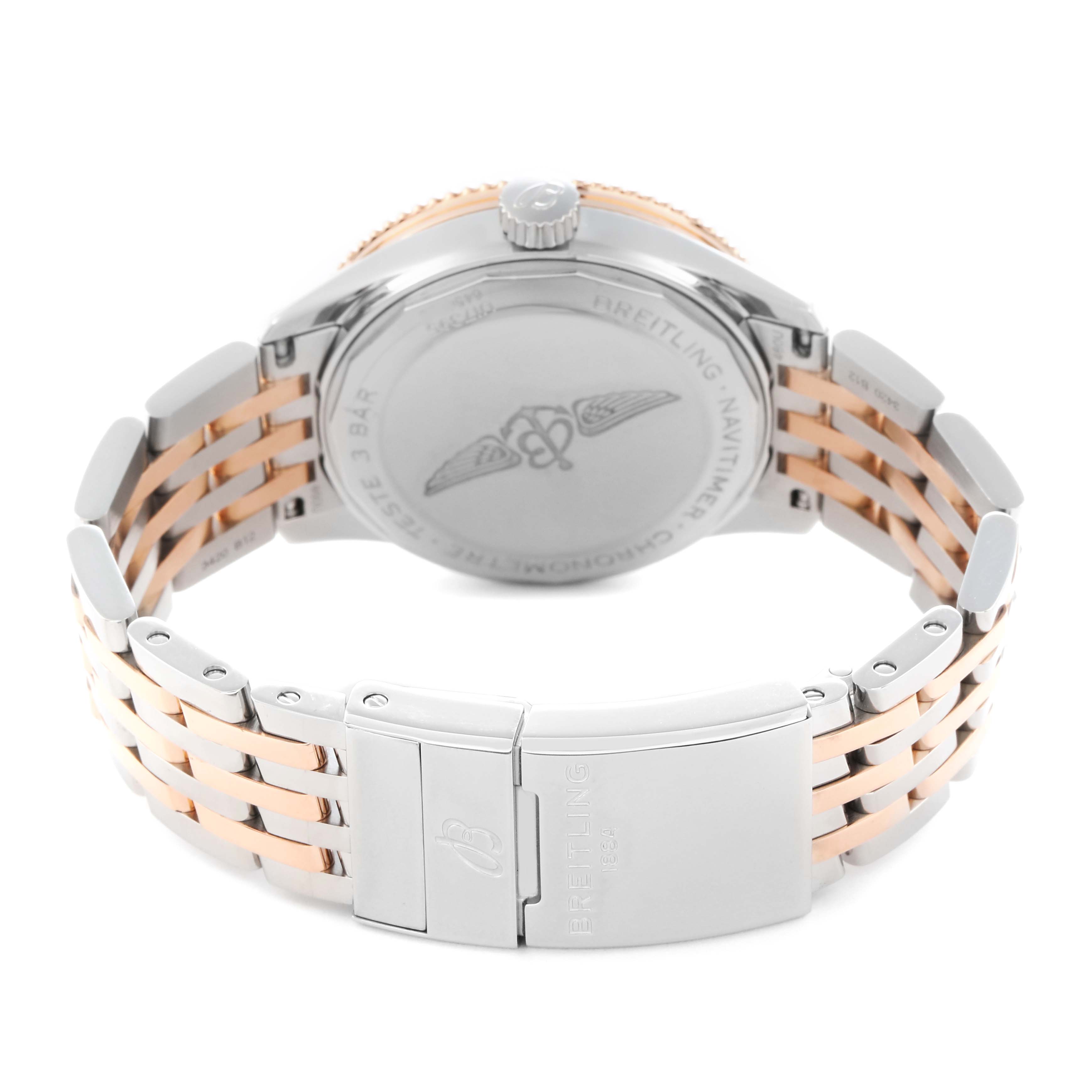 The image shows the back and bracelet of the Breitling U17395 Women
s Steel and Gold (two tone) Mother of Pearl Dial U17395 Women
s Steel and Gold (two tone) Mother of Pearl Dial Navitimer 35 MOP Diamond Dial Steel Ladies Watch U17395, including the clasp and case back.